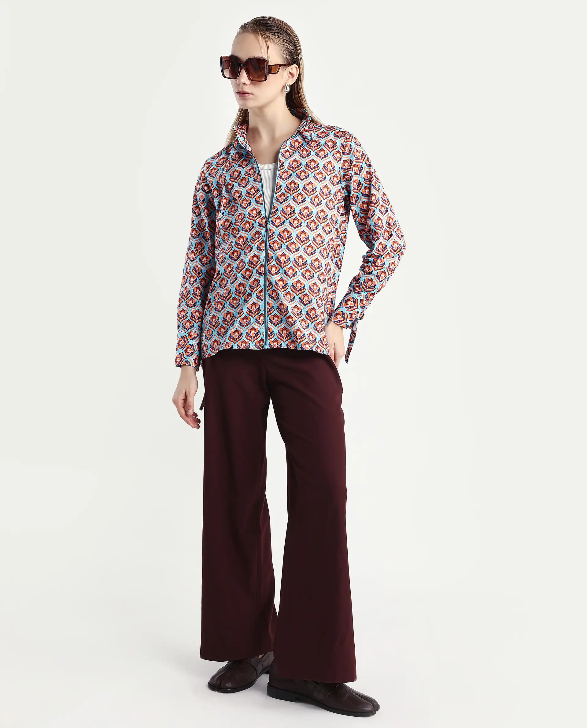 Rareism Women's Panache Multi Cotton High Neck Geometric Print Cuffed Sleeve Regular Fit Top - Image 2