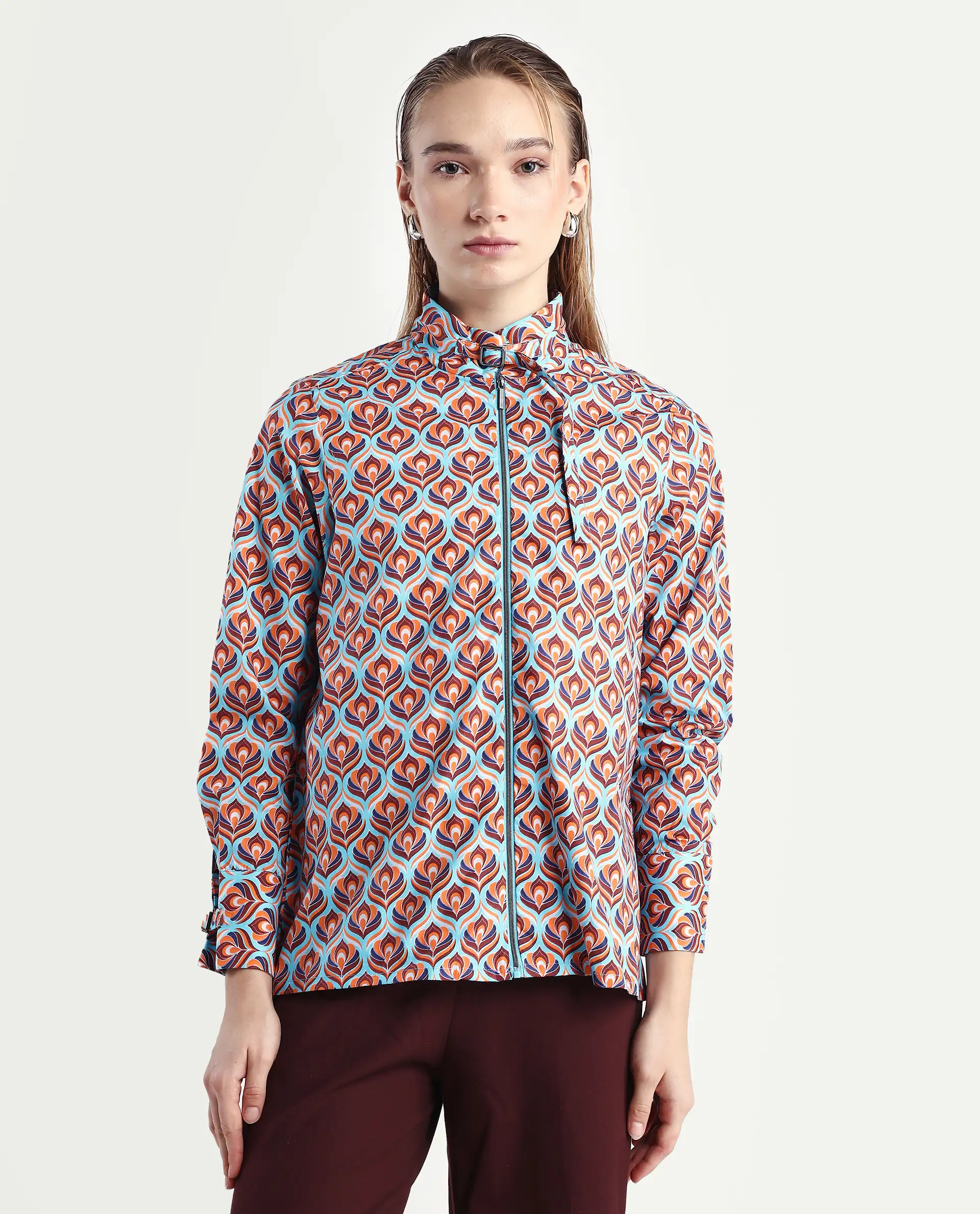Rareism Women's Panache Multi Cotton High Neck Geometric Print Cuffed Sleeve Regular Fit Top - Image 3