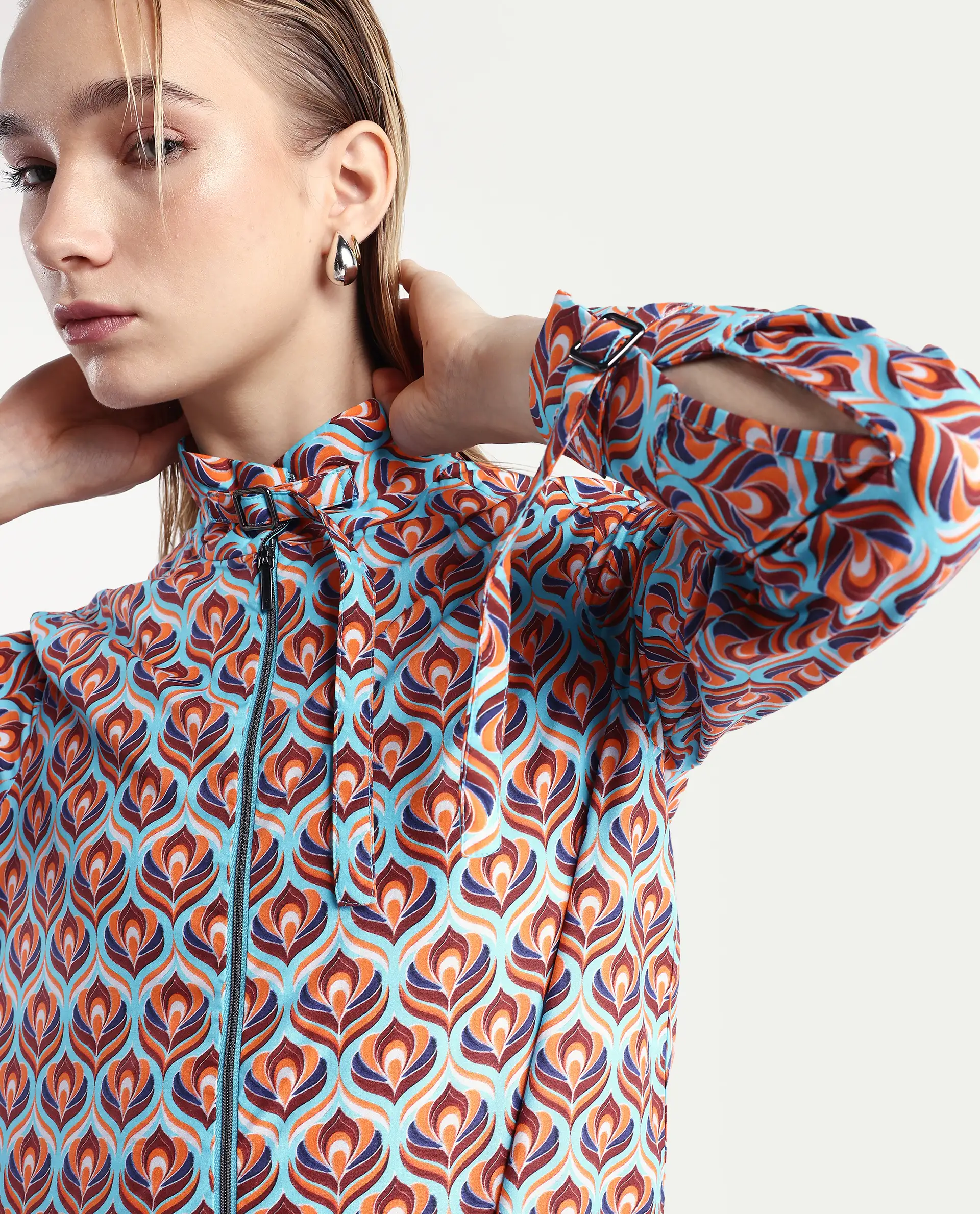 Rareism Women's Panache Multi Cotton High Neck Geometric Print Cuffed Sleeve Regular Fit Top - Image 4