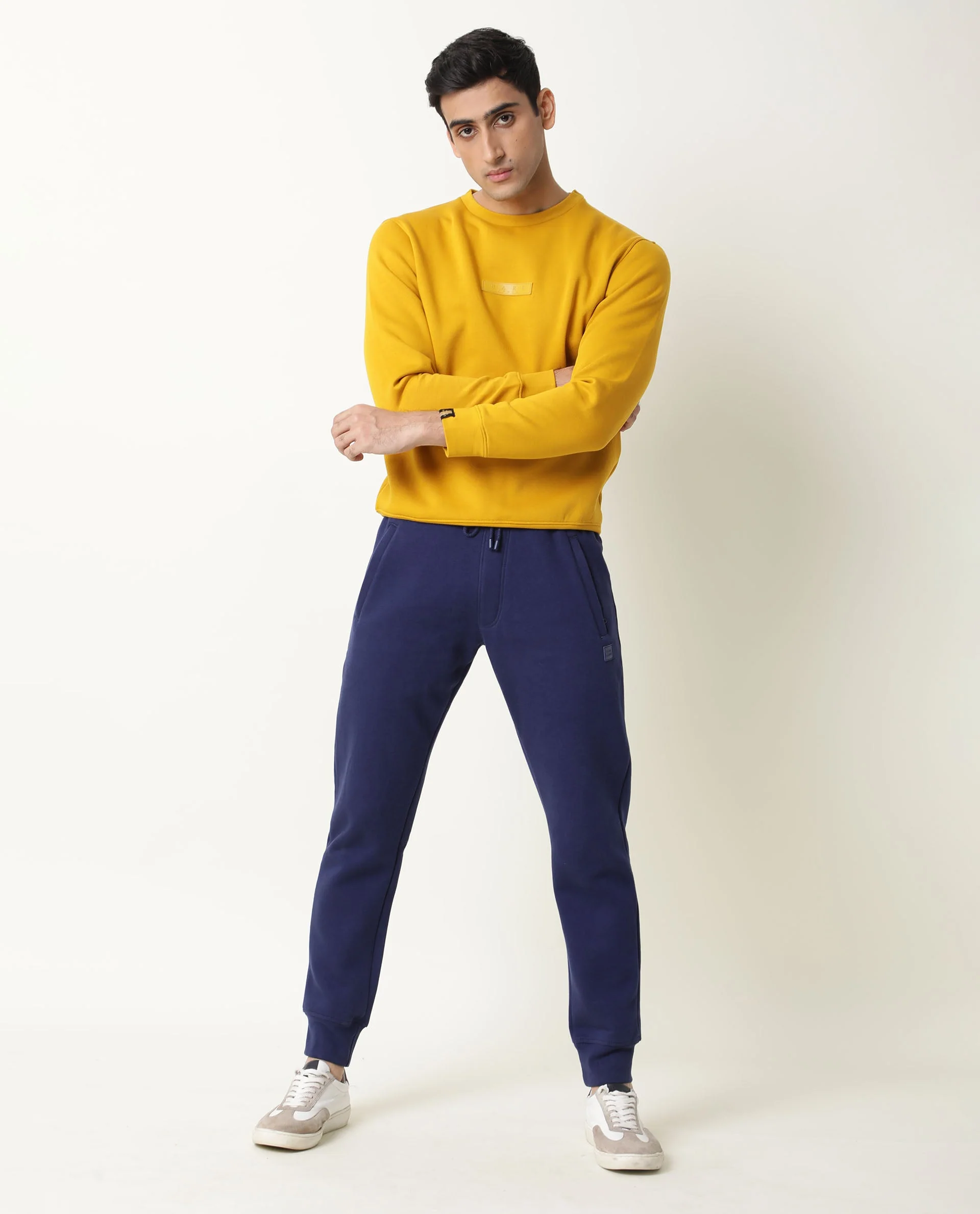 Rare Rabbit Men's Panama Blue Cotton Plain Regular Fit Joggers - Image 2