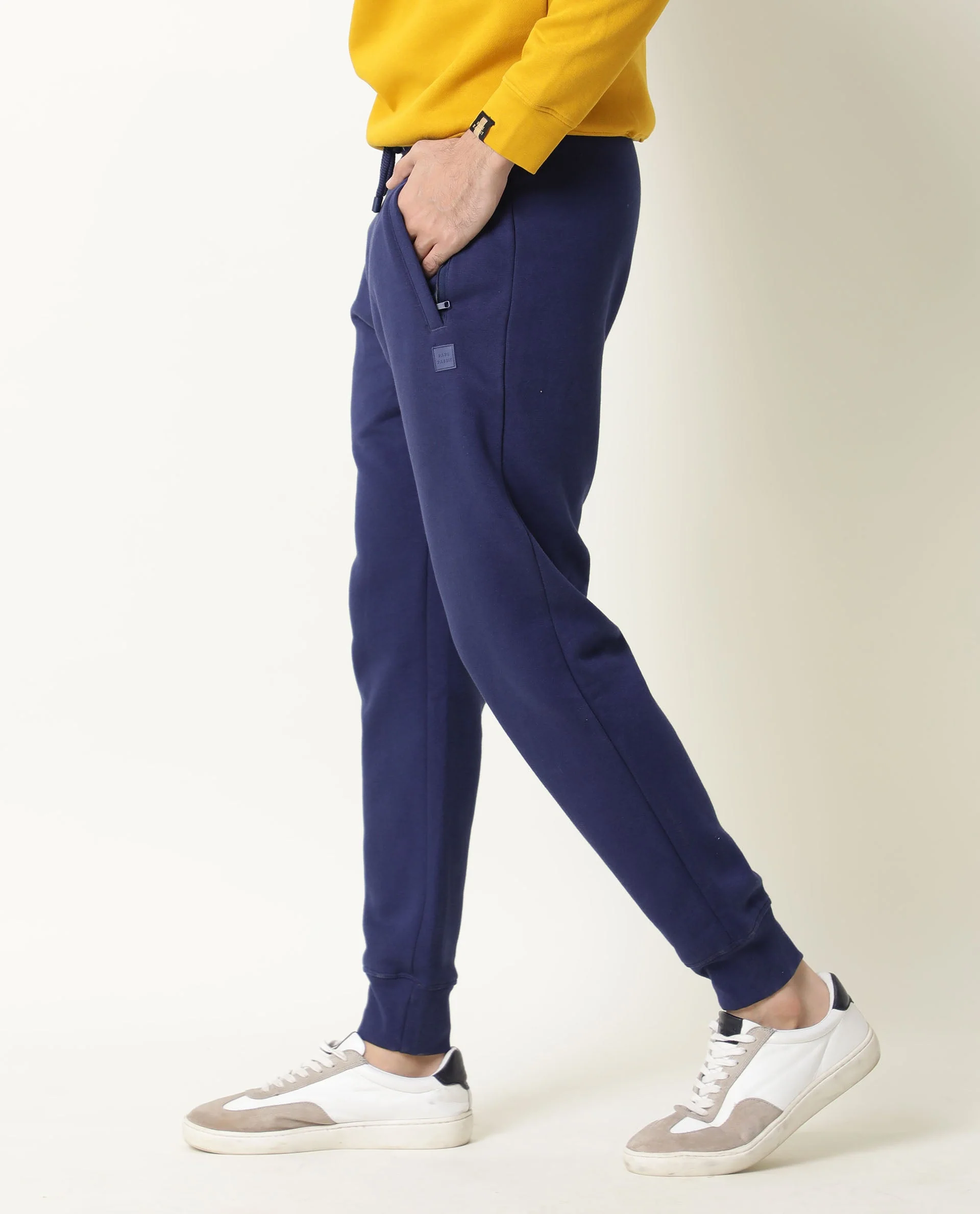 Rare Rabbit Men's Panama Blue Cotton Plain Regular Fit Joggers - Image 3