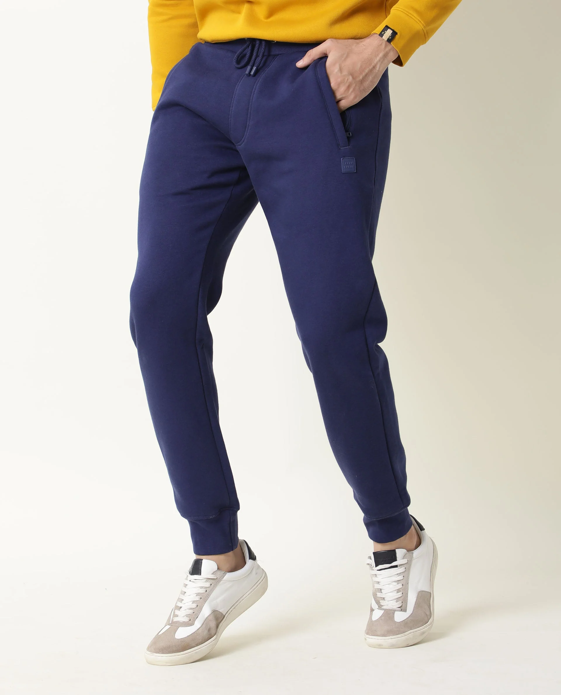 Rare Rabbit Men's Panama Blue Cotton Plain Regular Fit Joggers - Image 4