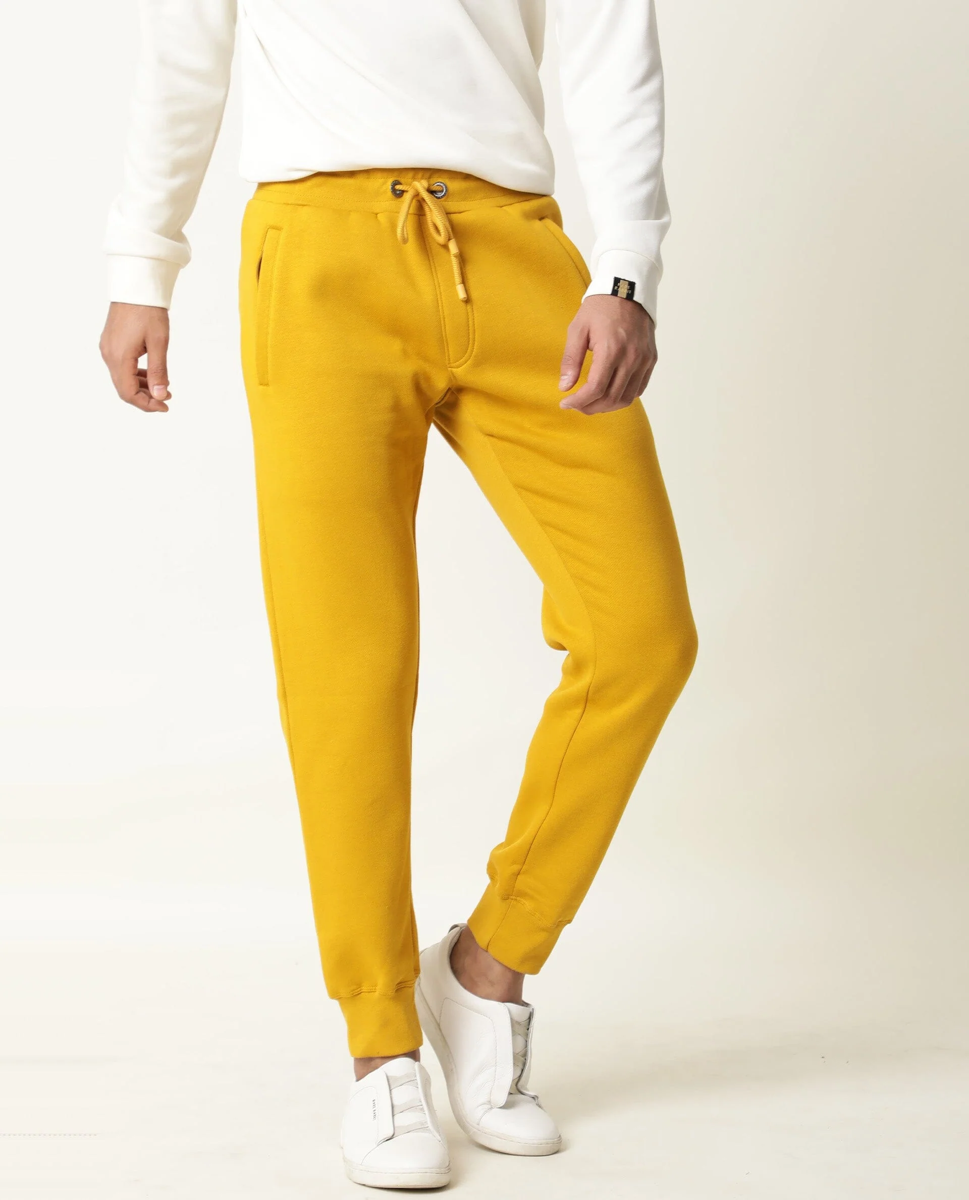 Rare Rabbit Men's Panama Yellow Cotton Plain Regular Fit Joggers