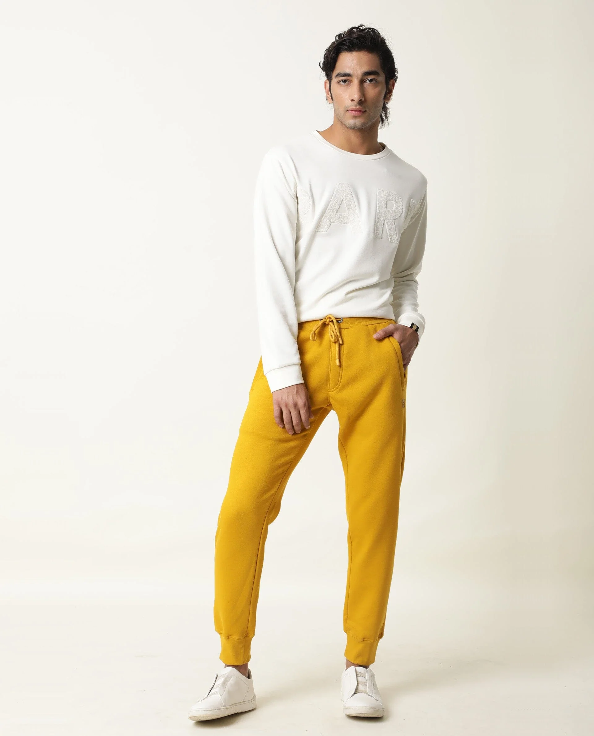 Rare Rabbit Men's Panama Yellow Cotton Plain Regular Fit Joggers - Image 2