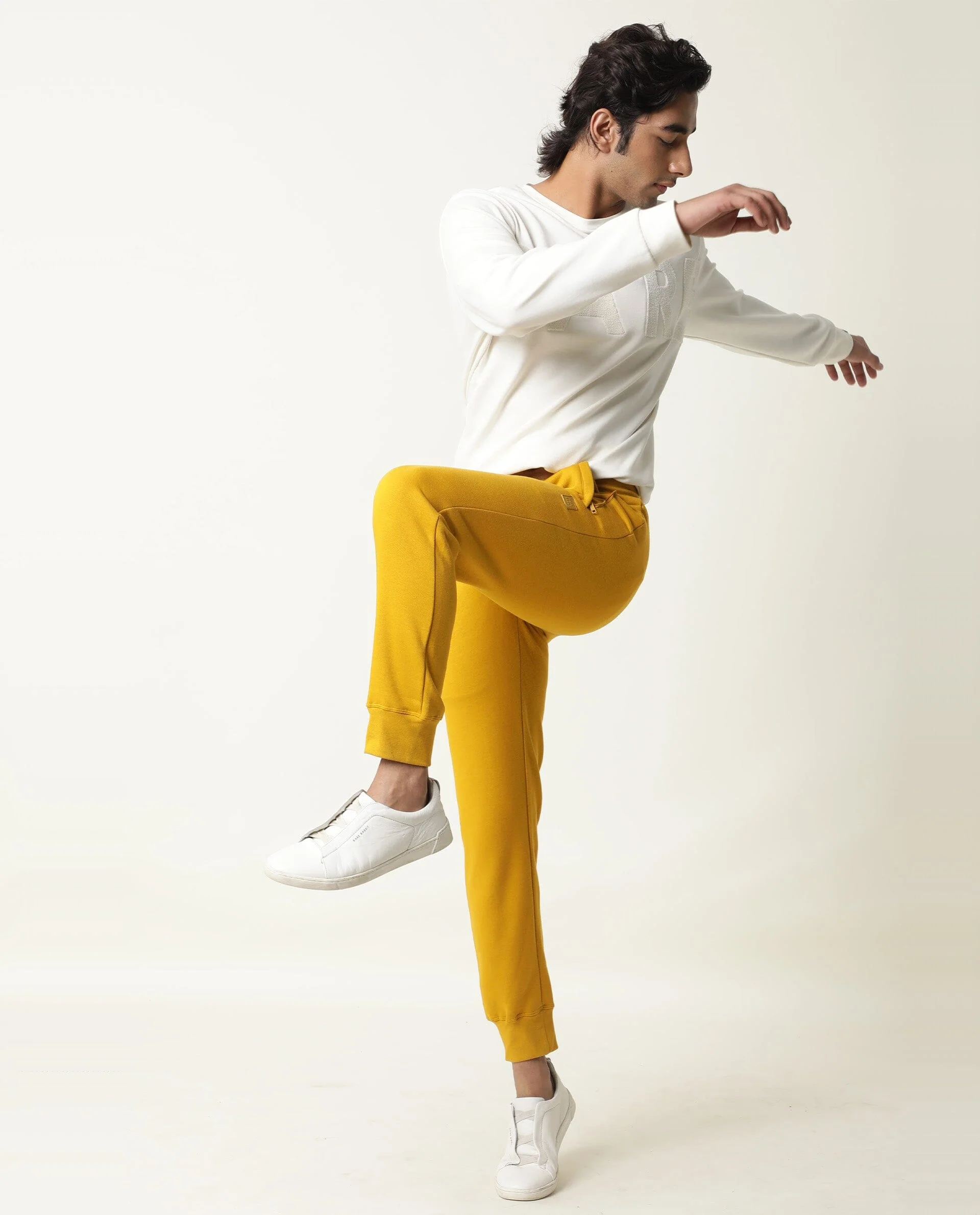 Rare Rabbit Men's Panama Yellow Cotton Plain Regular Fit Joggers - Image 3