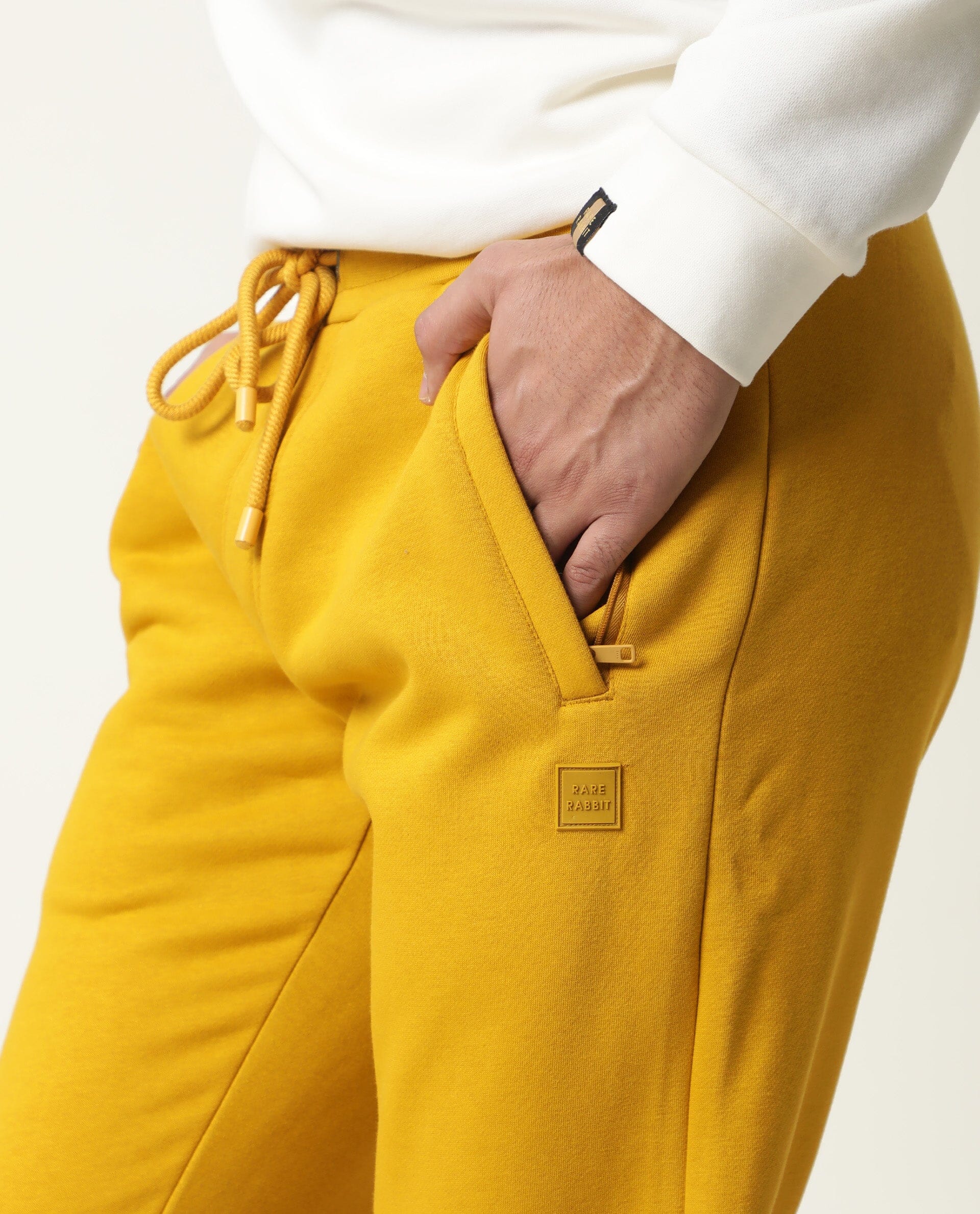 Rare Rabbit Men's Panama Yellow Cotton Plain Regular Fit Joggers - Image 5