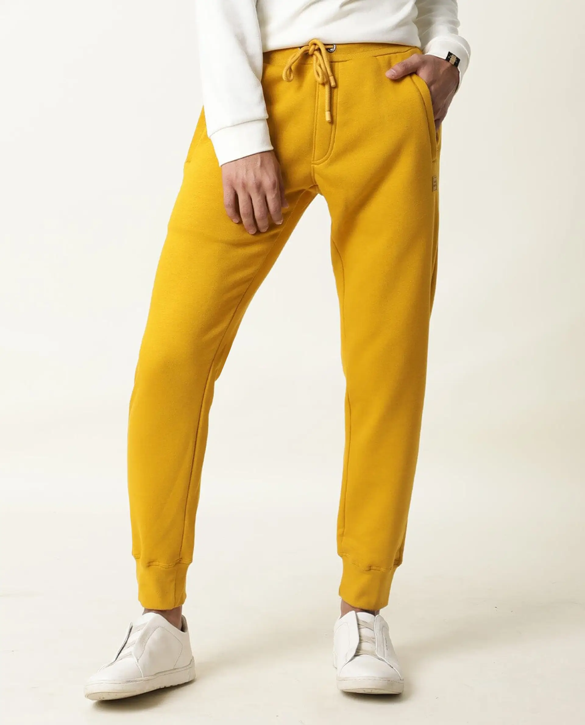 Rare Rabbit Men's Panama Yellow Cotton Plain Regular Fit Joggers - Image 6