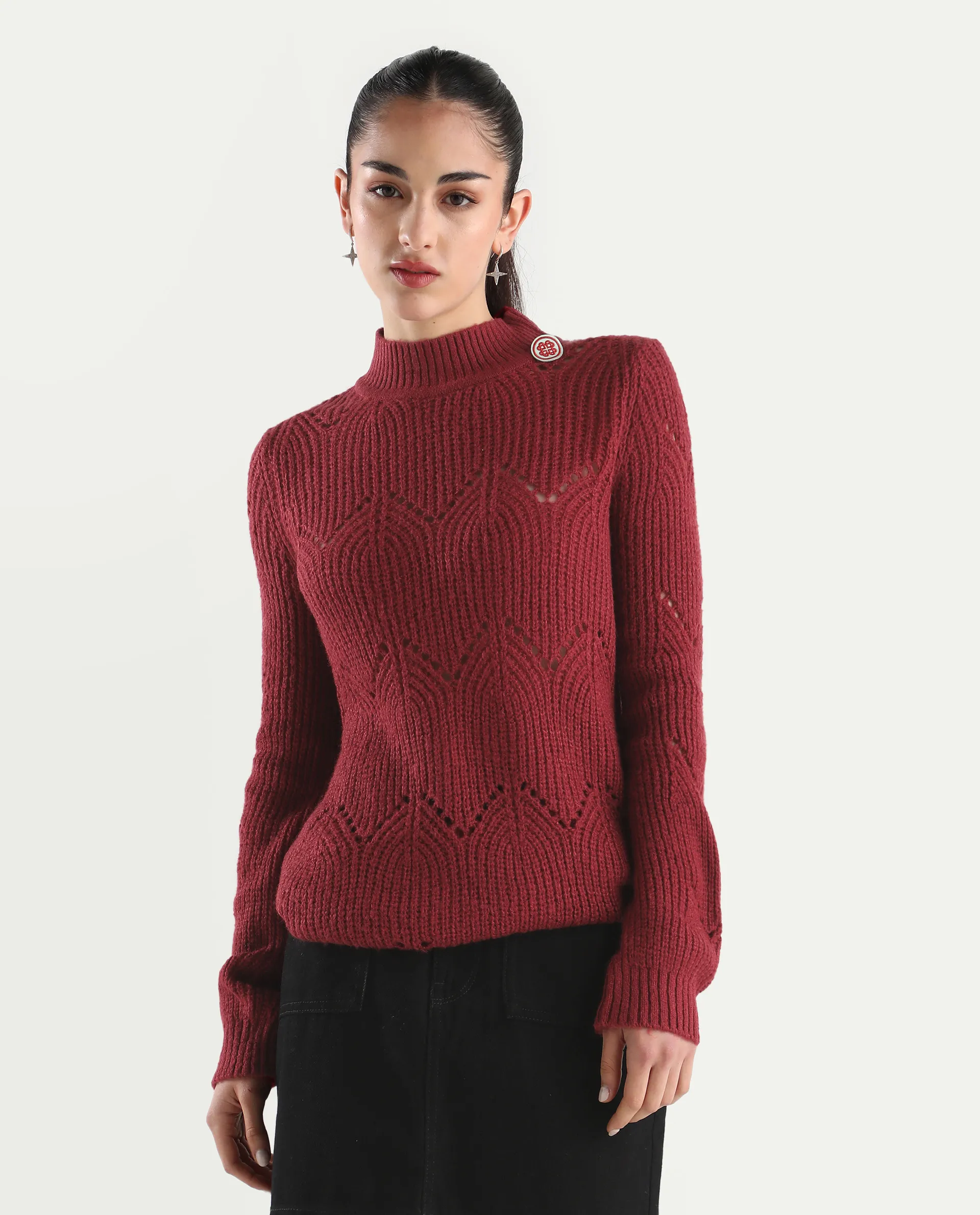 Rareism Women's Acrylic High Neck Plain Regular Fit Sweater