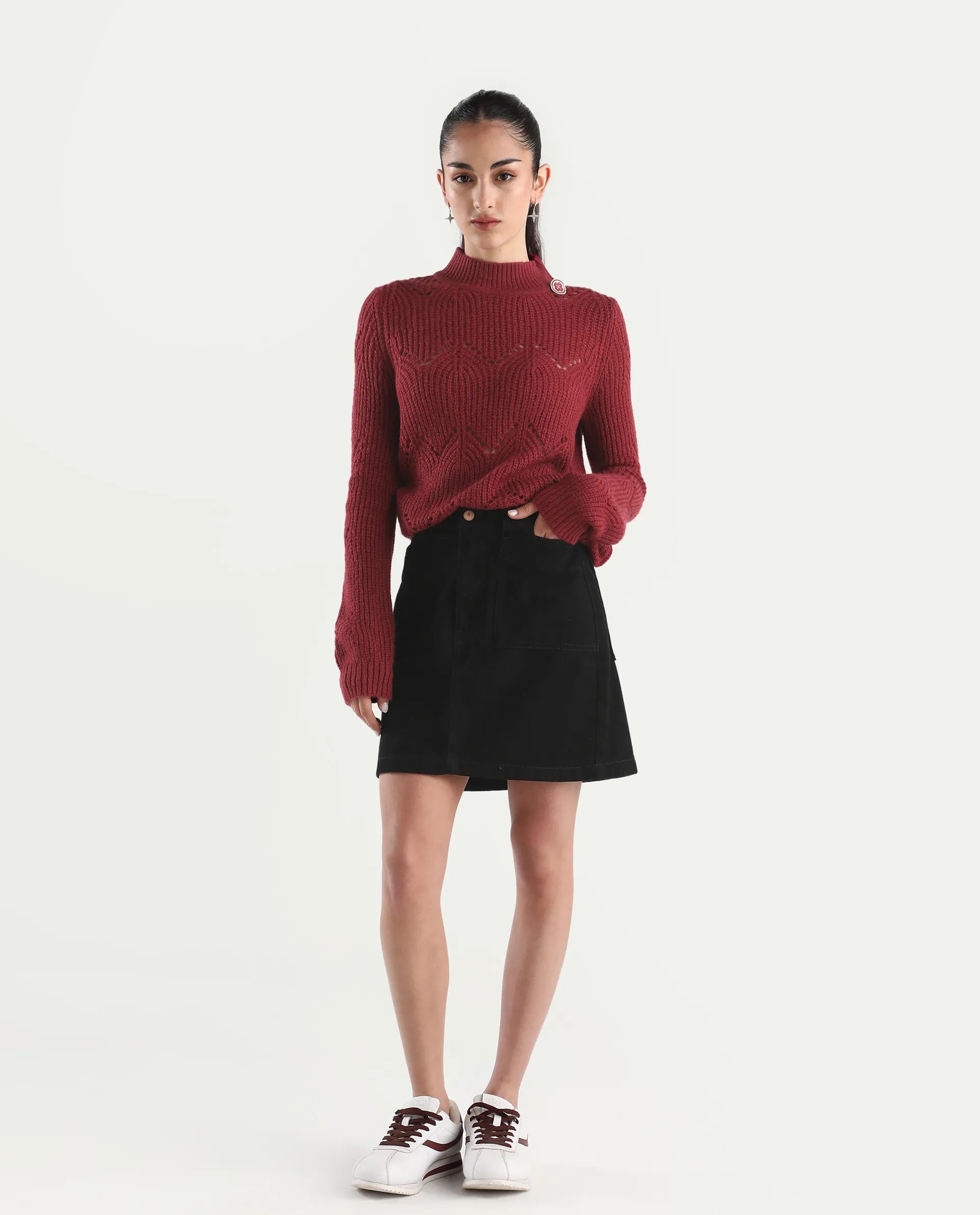Rareism Women's Acrylic High Neck Plain Regular Fit Sweater - Image 2
