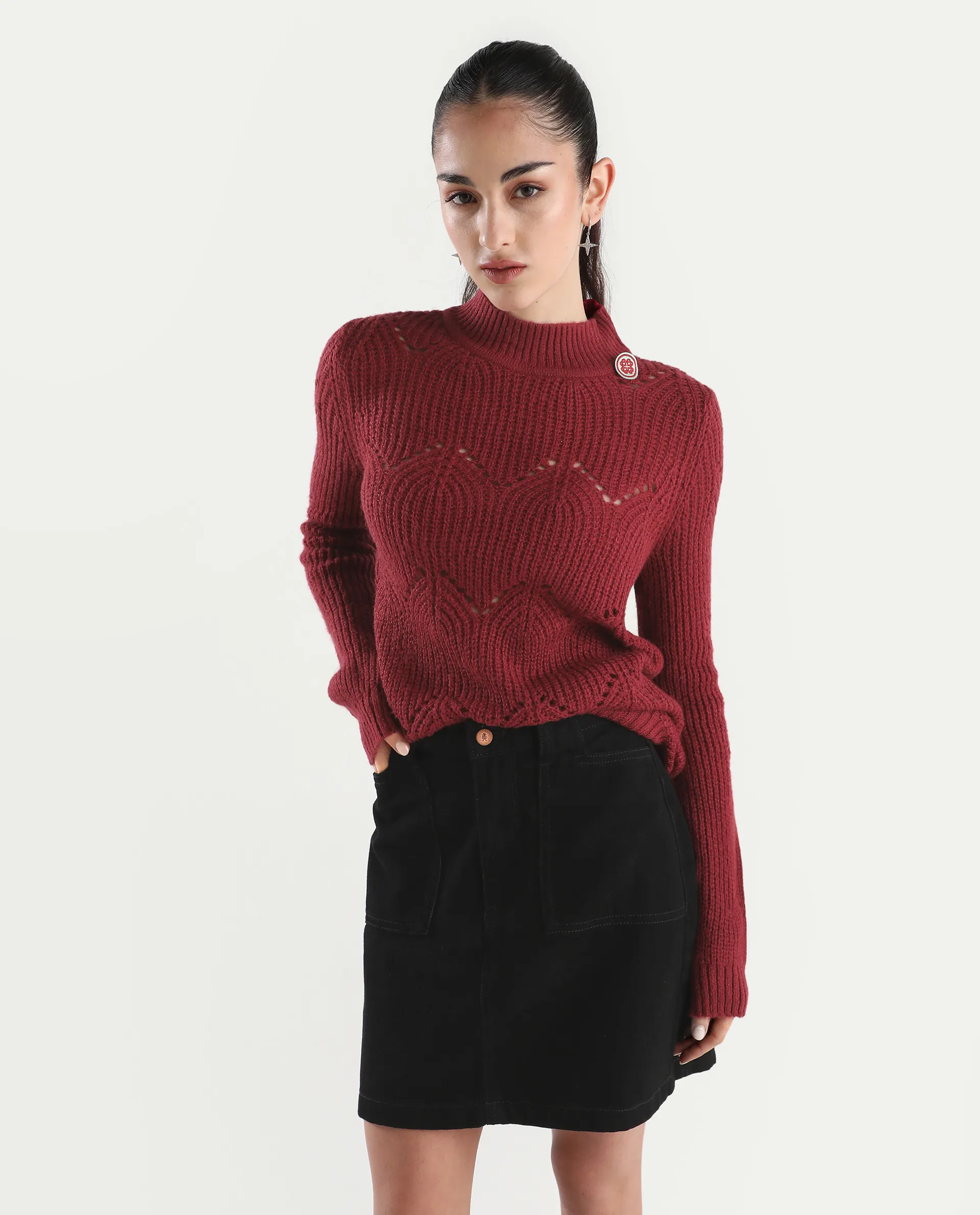 Rareism Women's Acrylic High Neck Plain Regular Fit Sweater - Image 3
