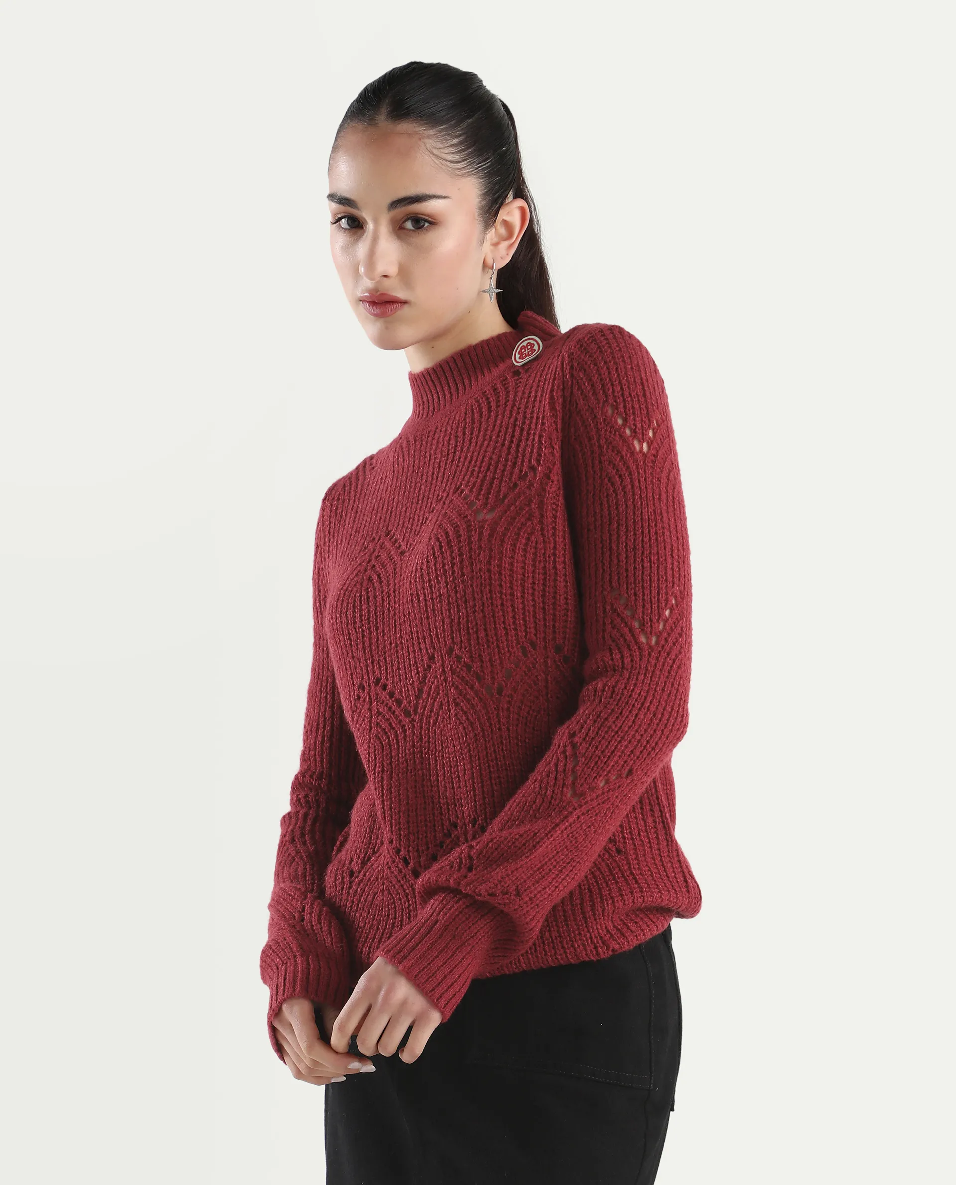Rareism Women's Acrylic High Neck Plain Regular Fit Sweater - Image 5