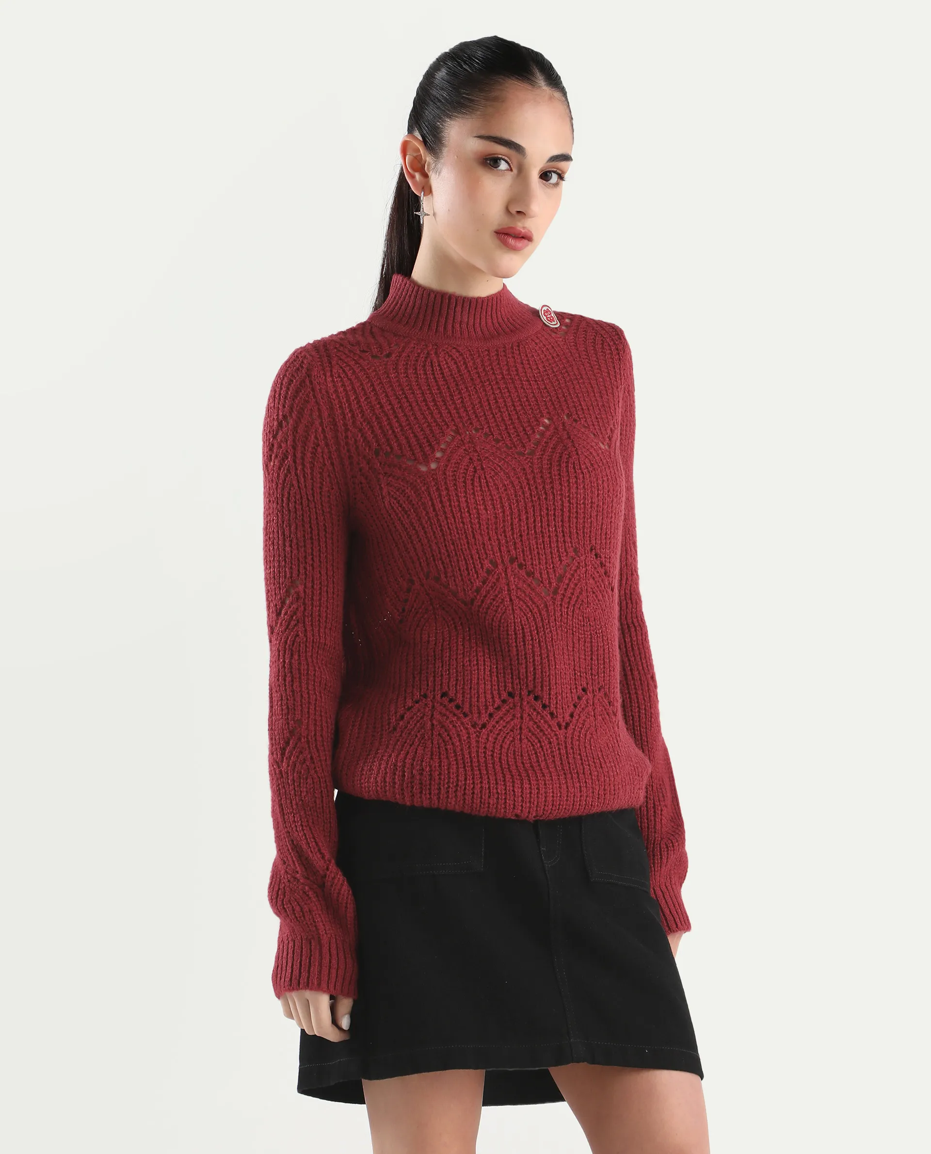 Rareism Women's Acrylic High Neck Plain Regular Fit Sweater - Image 6