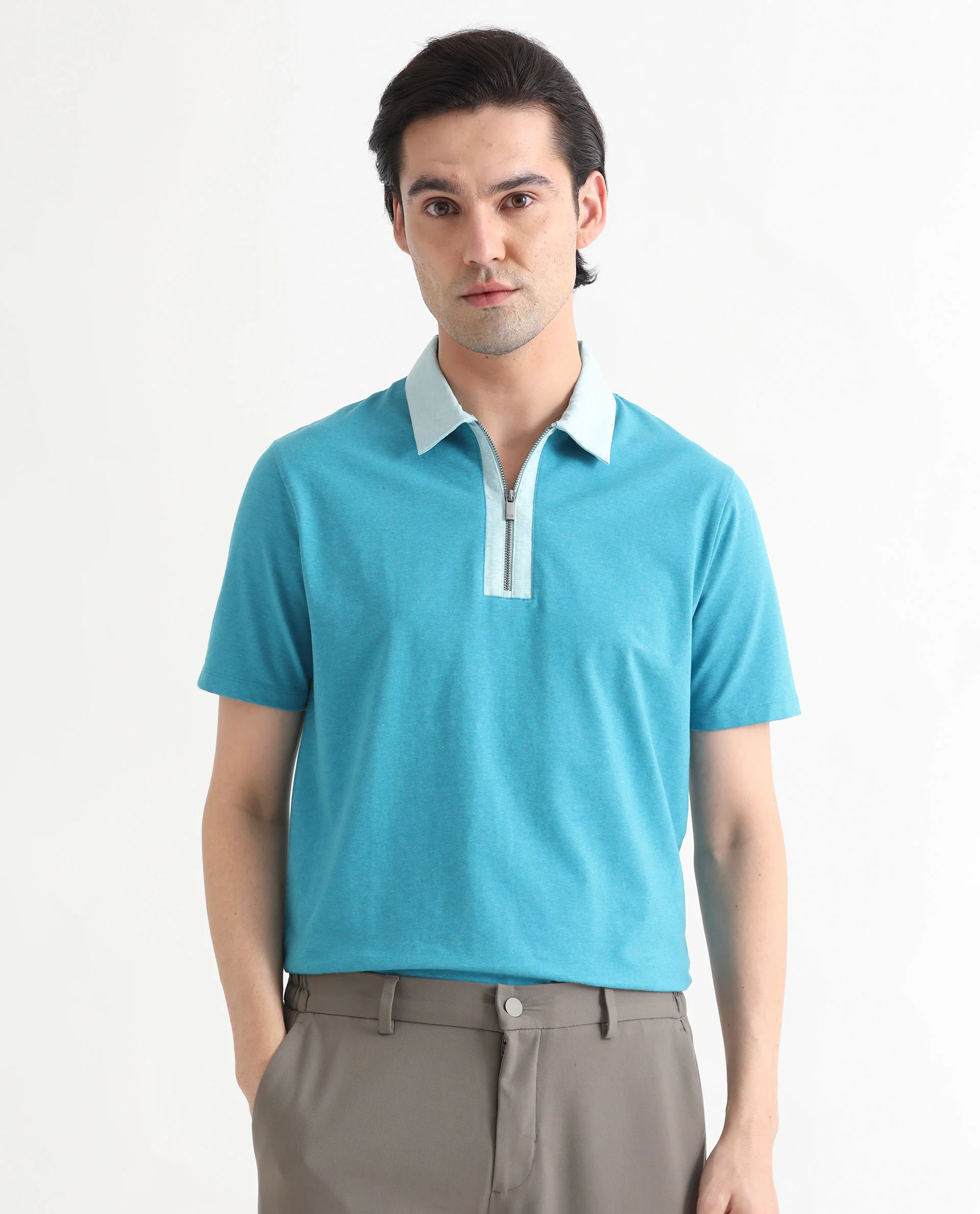 Rare Rabbit Men's Panel Blue Cotton Plain Regular Fit Half Sleeve Polo