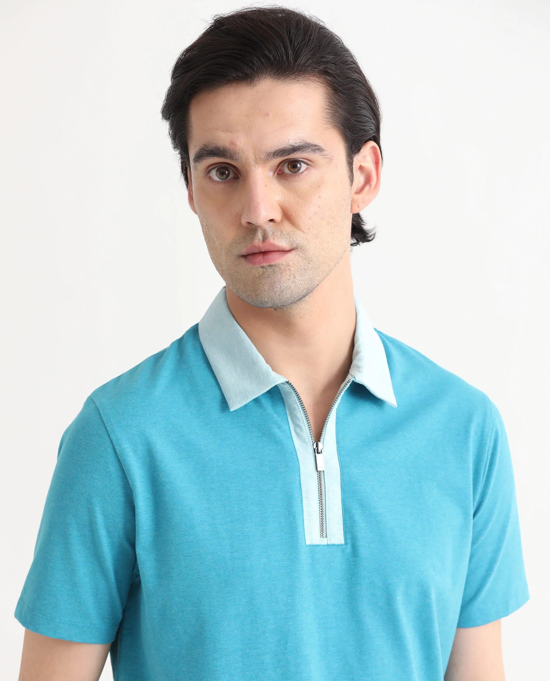 Rare Rabbit Men's Panel Blue Cotton Plain Regular Fit Half Sleeve Polo - Image 2