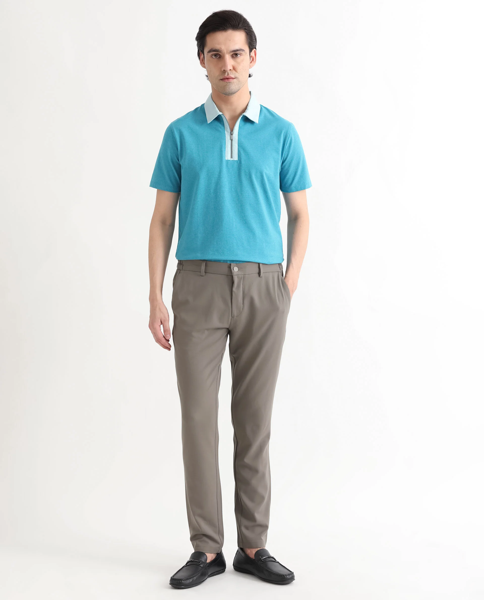 Rare Rabbit Men's Panel Blue Cotton Plain Regular Fit Half Sleeve Polo - Image 3