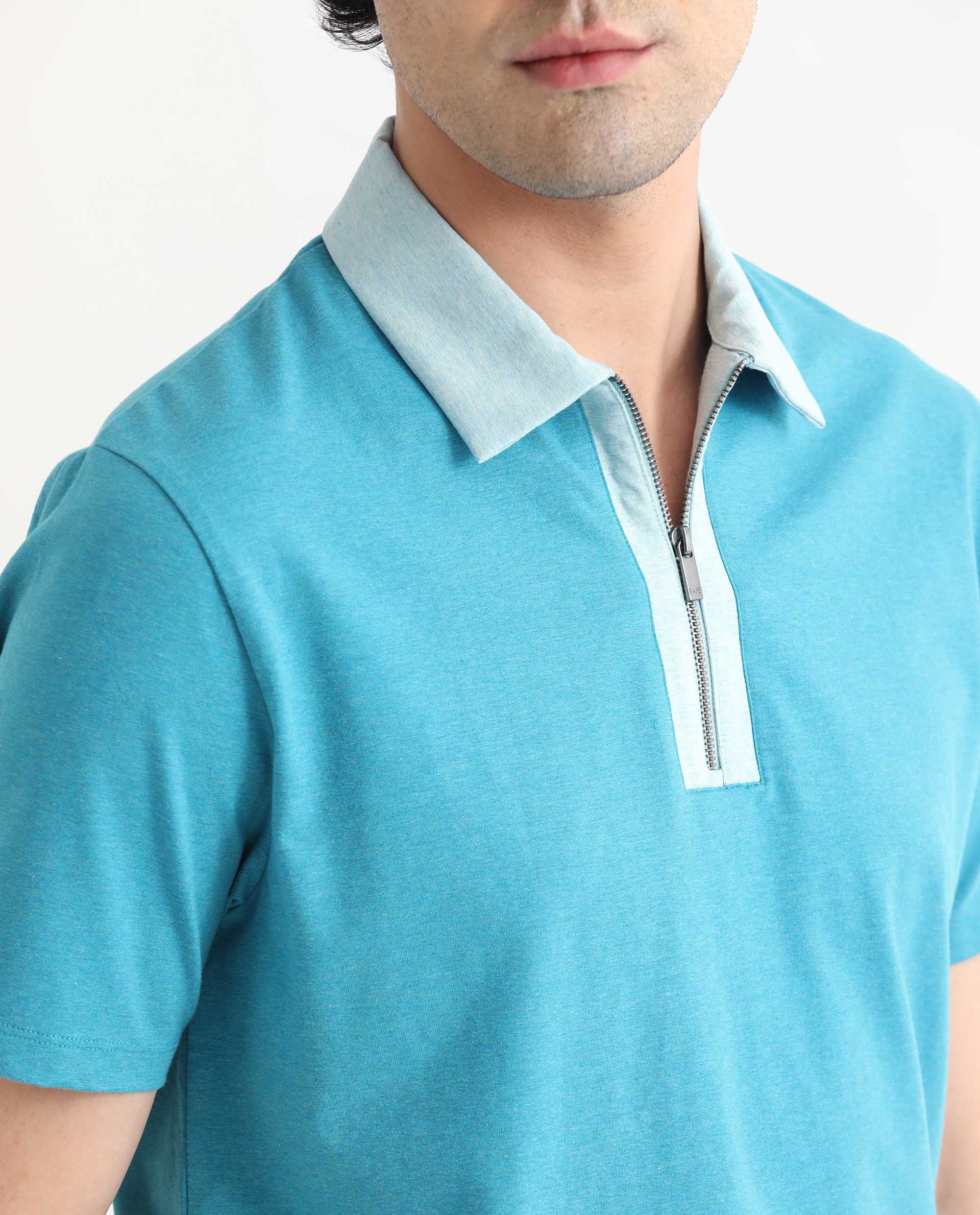 Rare Rabbit Men's Panel Blue Cotton Plain Regular Fit Half Sleeve Polo - Image 4