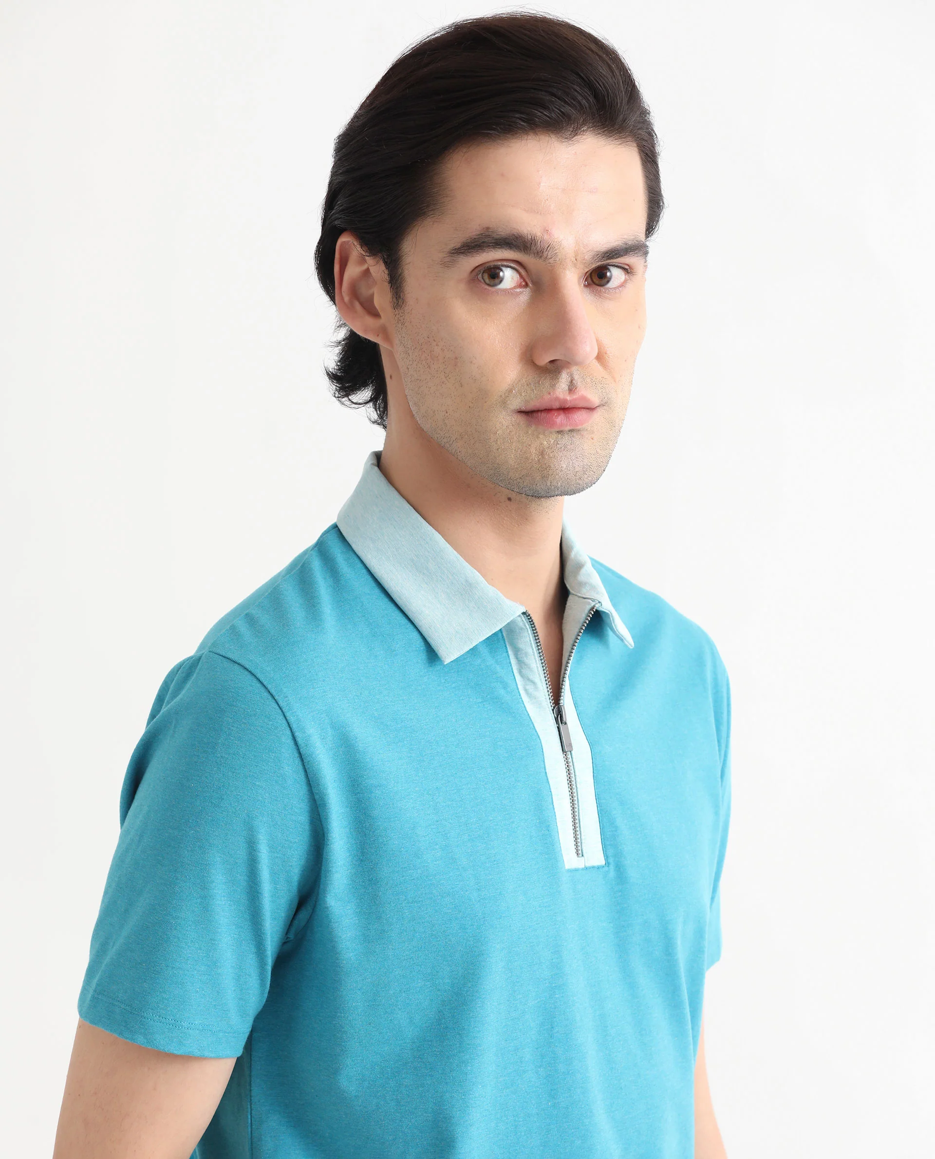 Rare Rabbit Men's Panel Blue Cotton Plain Regular Fit Half Sleeve Polo - Image 5