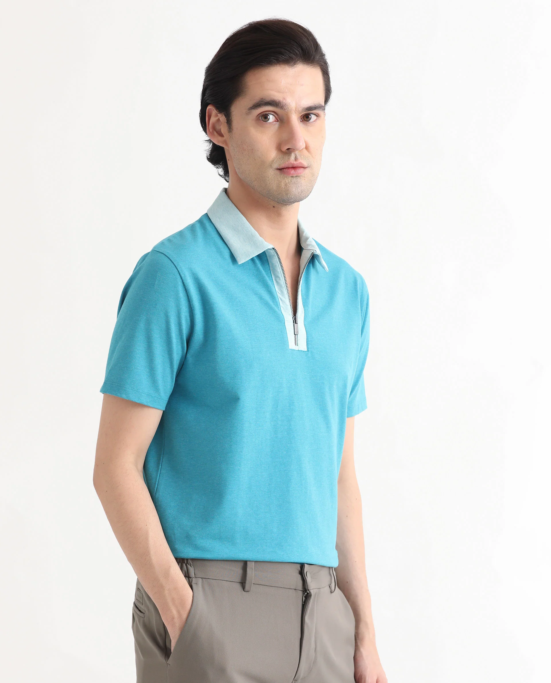 Rare Rabbit Men's Panel Blue Cotton Plain Regular Fit Half Sleeve Polo - Image 6