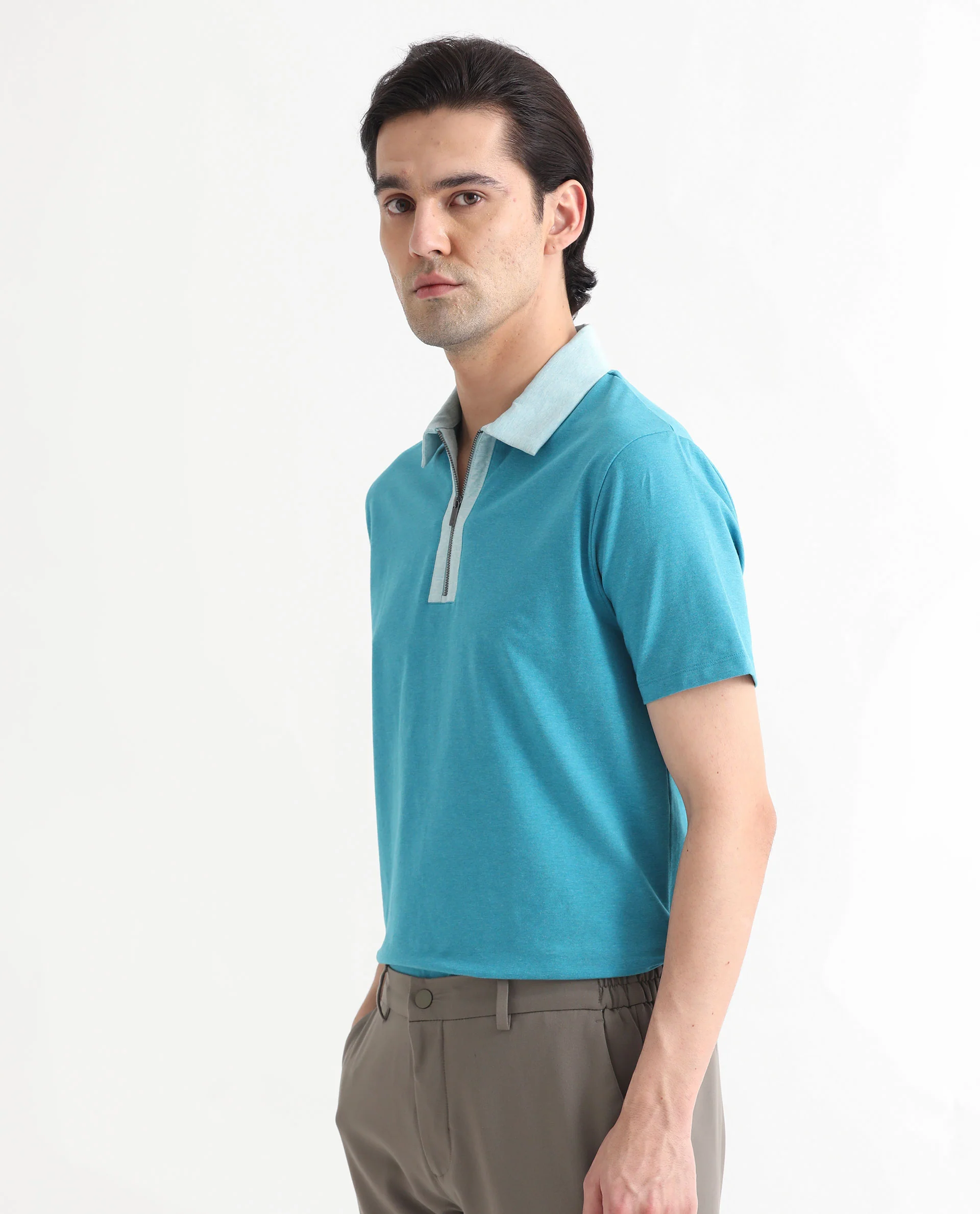 Rare Rabbit Men's Panel Blue Cotton Plain Regular Fit Half Sleeve Polo - Image 7