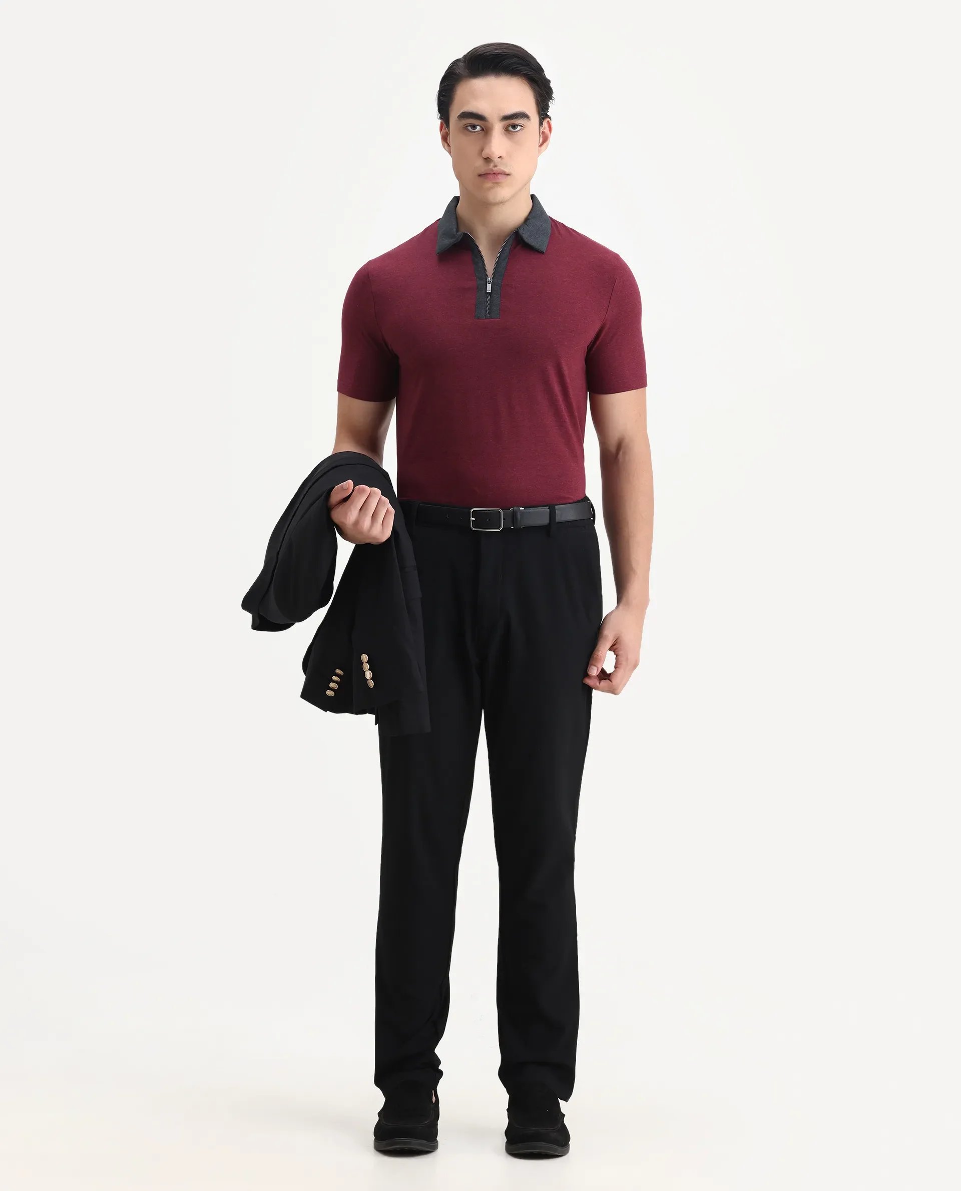 Rare Rabbit Men's Panel Dark Red Cotton Plain Regular Fit Half Sleeve Polo - Image 2