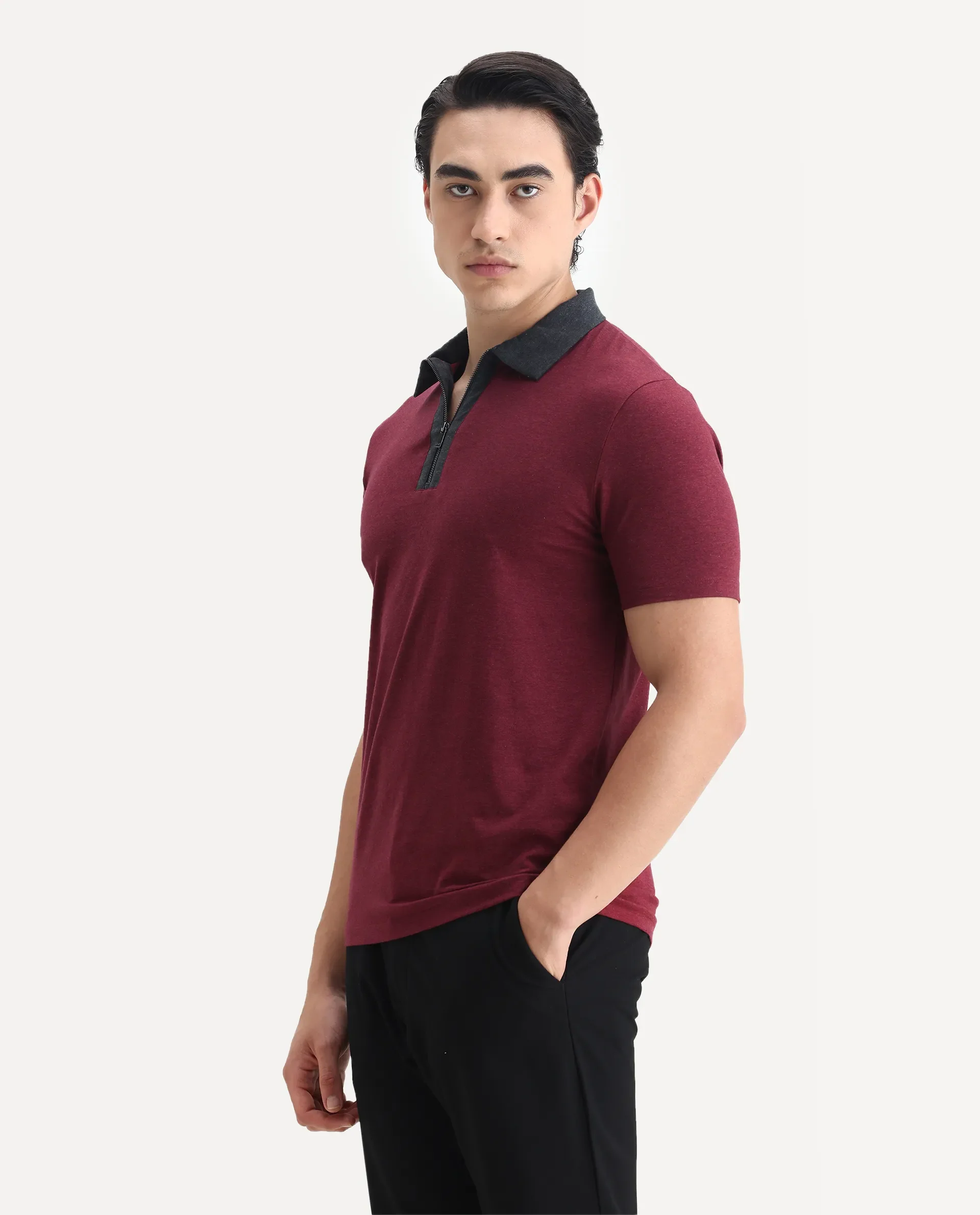 Rare Rabbit Men's Panel Dark Red Cotton Plain Regular Fit Half Sleeve Polo - Image 4