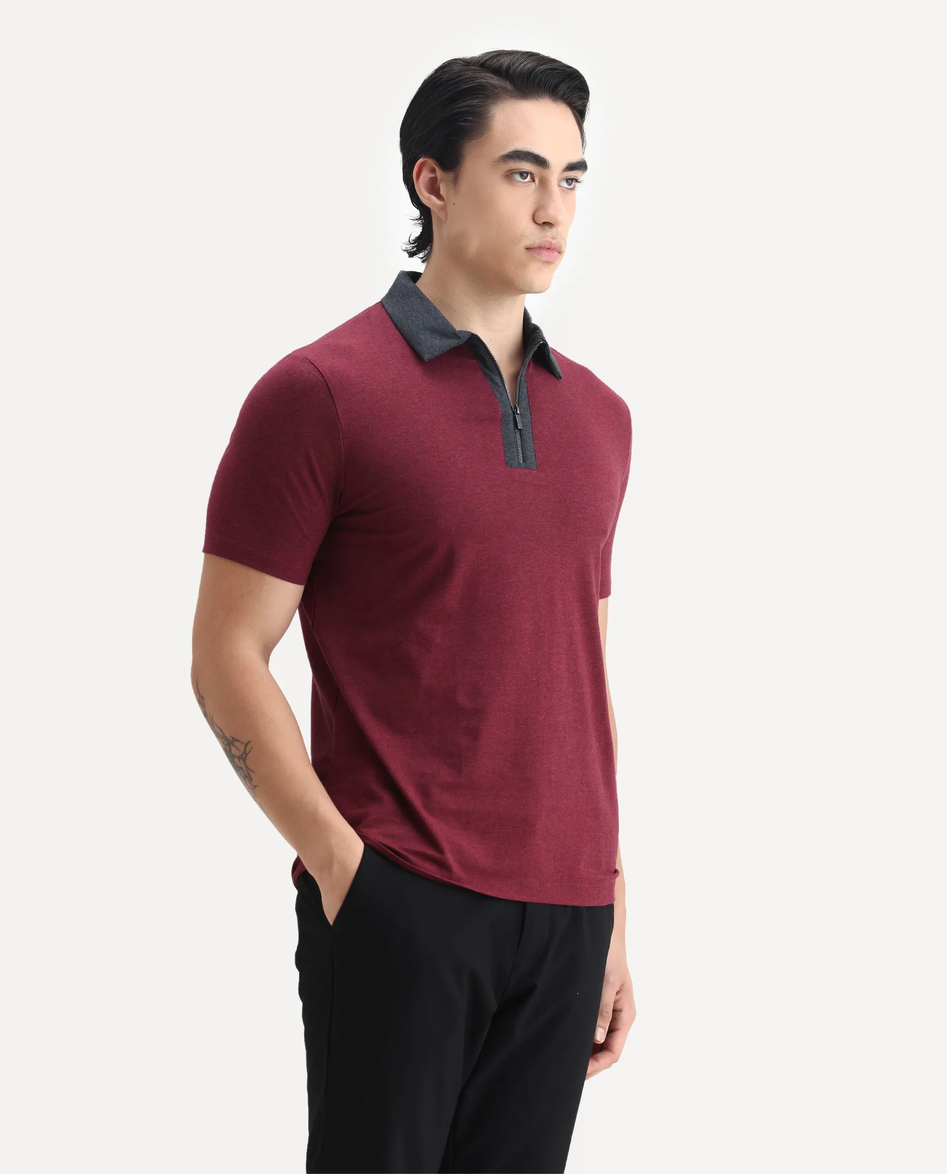 Rare Rabbit Men's Panel Dark Red Cotton Plain Regular Fit Half Sleeve Polo - Image 5