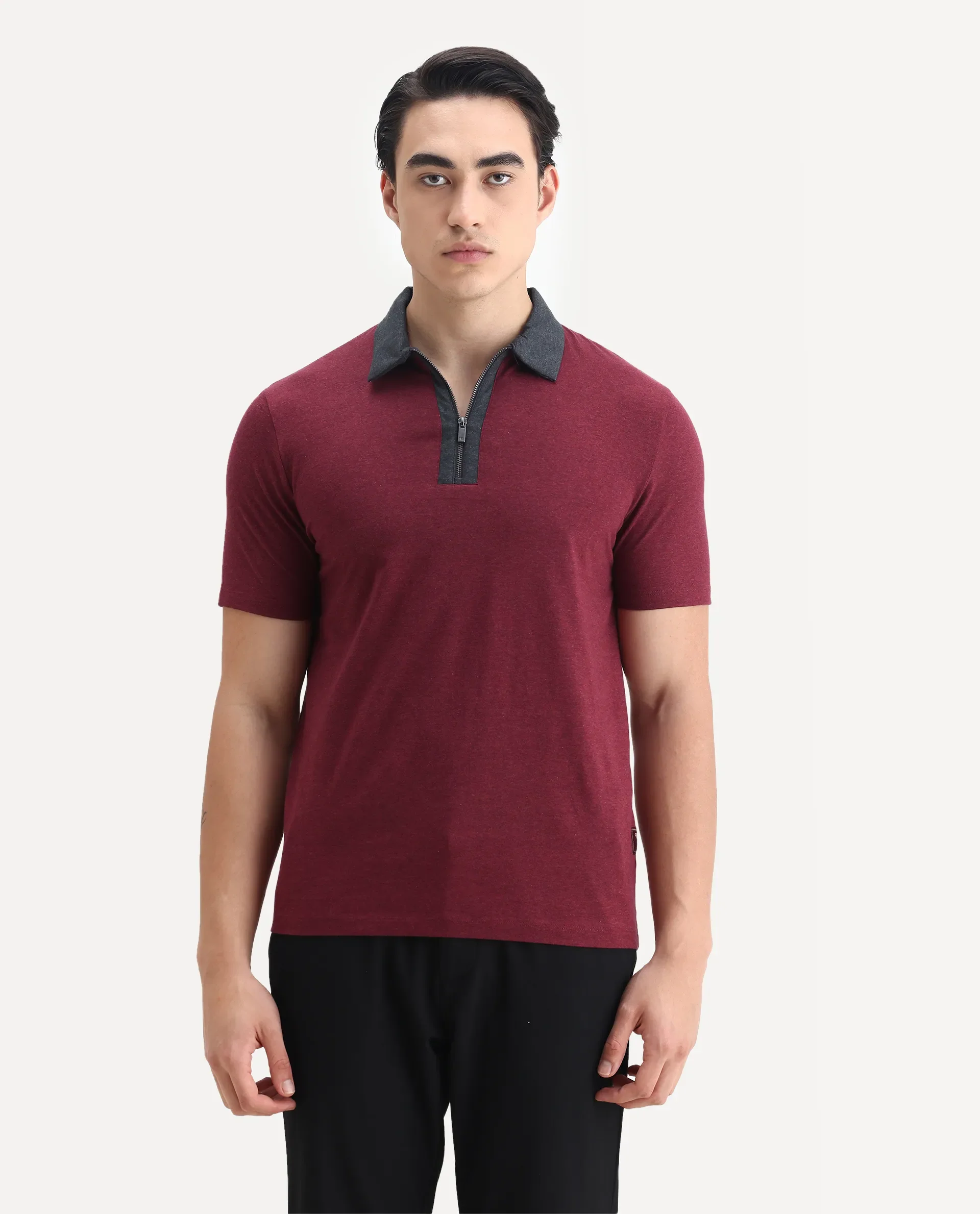 Rare Rabbit Men's Panel Dark Red Cotton Plain Regular Fit Half Sleeve Polo - Image 6