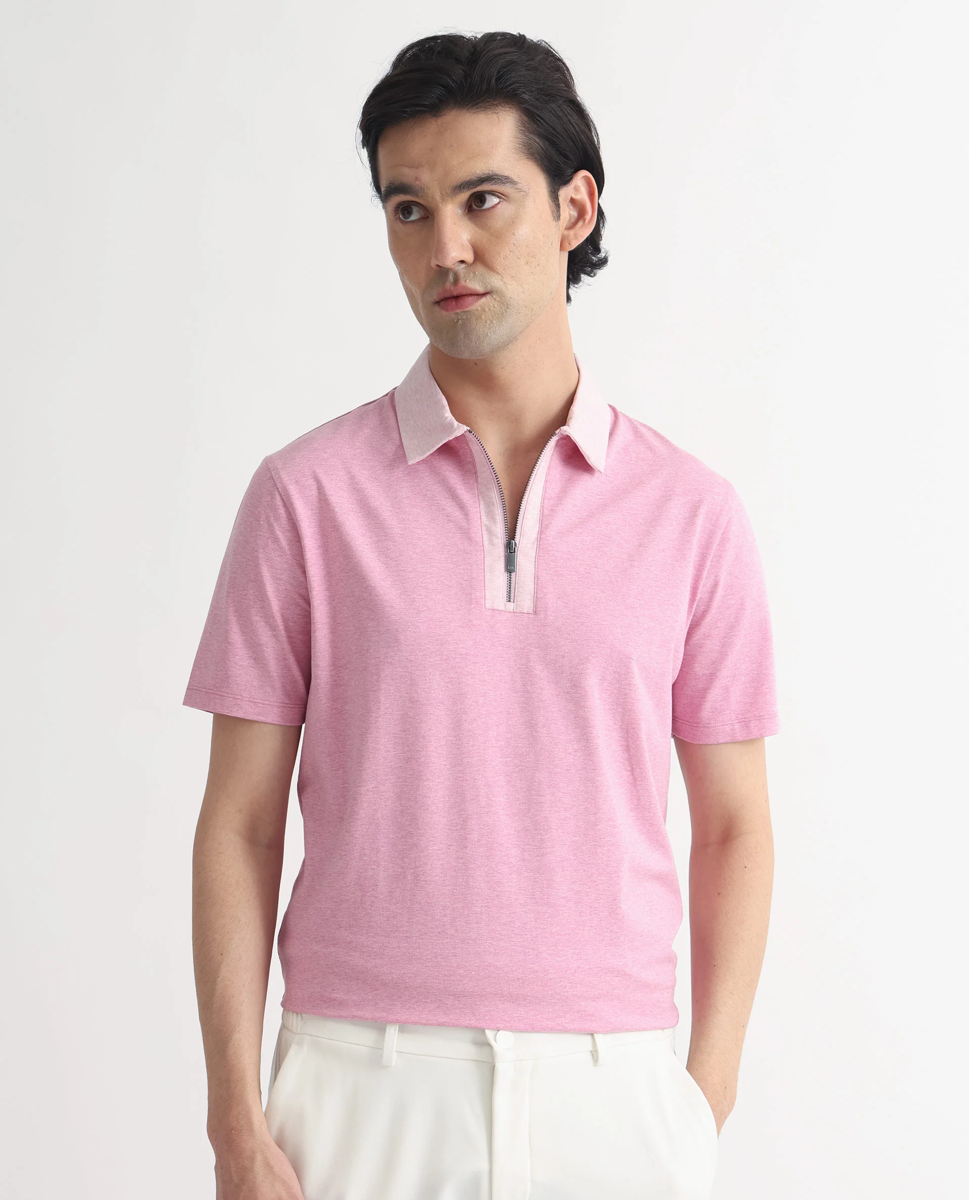 Rare Rabbit Men's Panel Pink Cotton Plain Regular Fit Half Sleeve Polo - Image 3