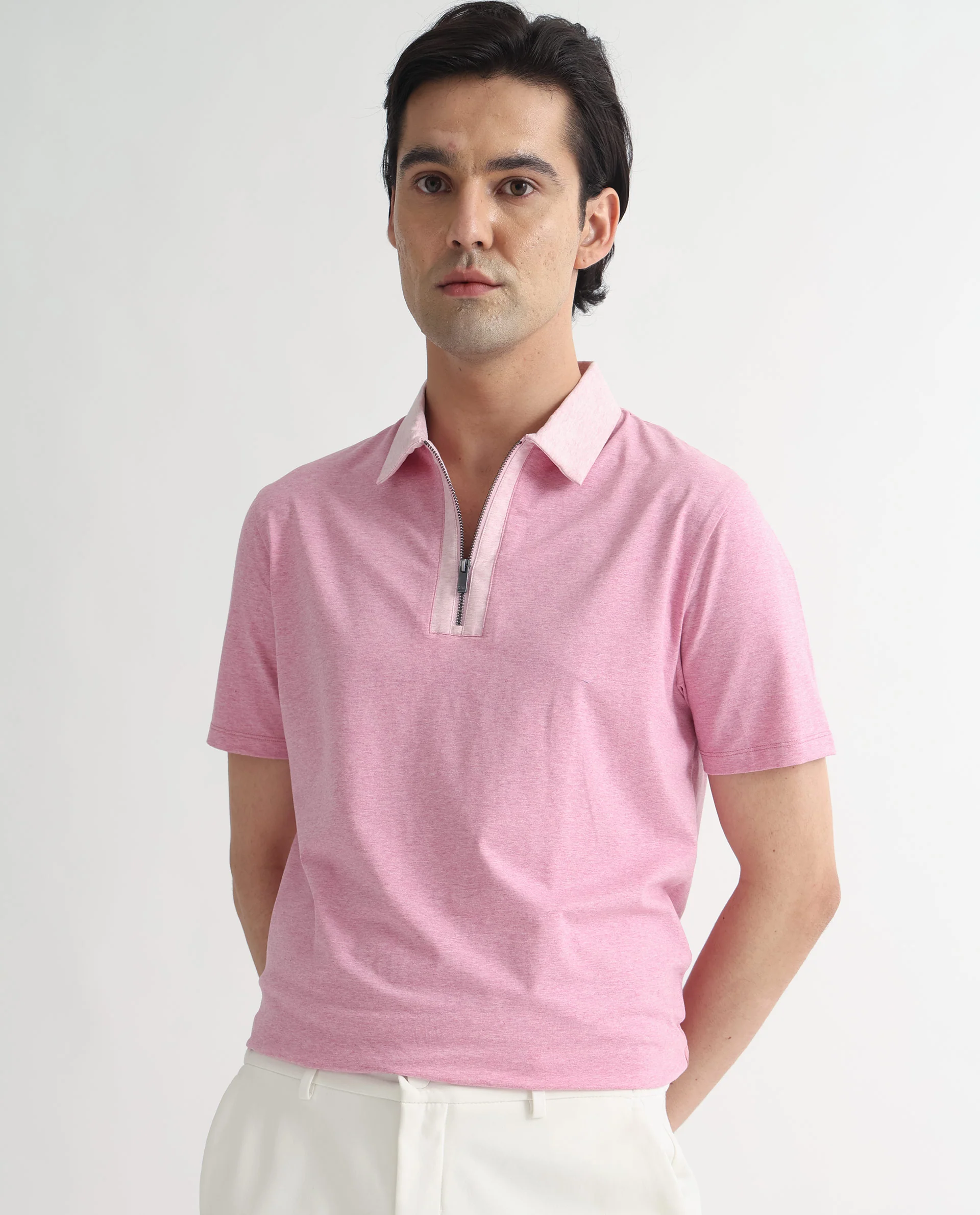 Rare Rabbit Men's Panel Pink Cotton Plain Regular Fit Half Sleeve Polo - Image 4