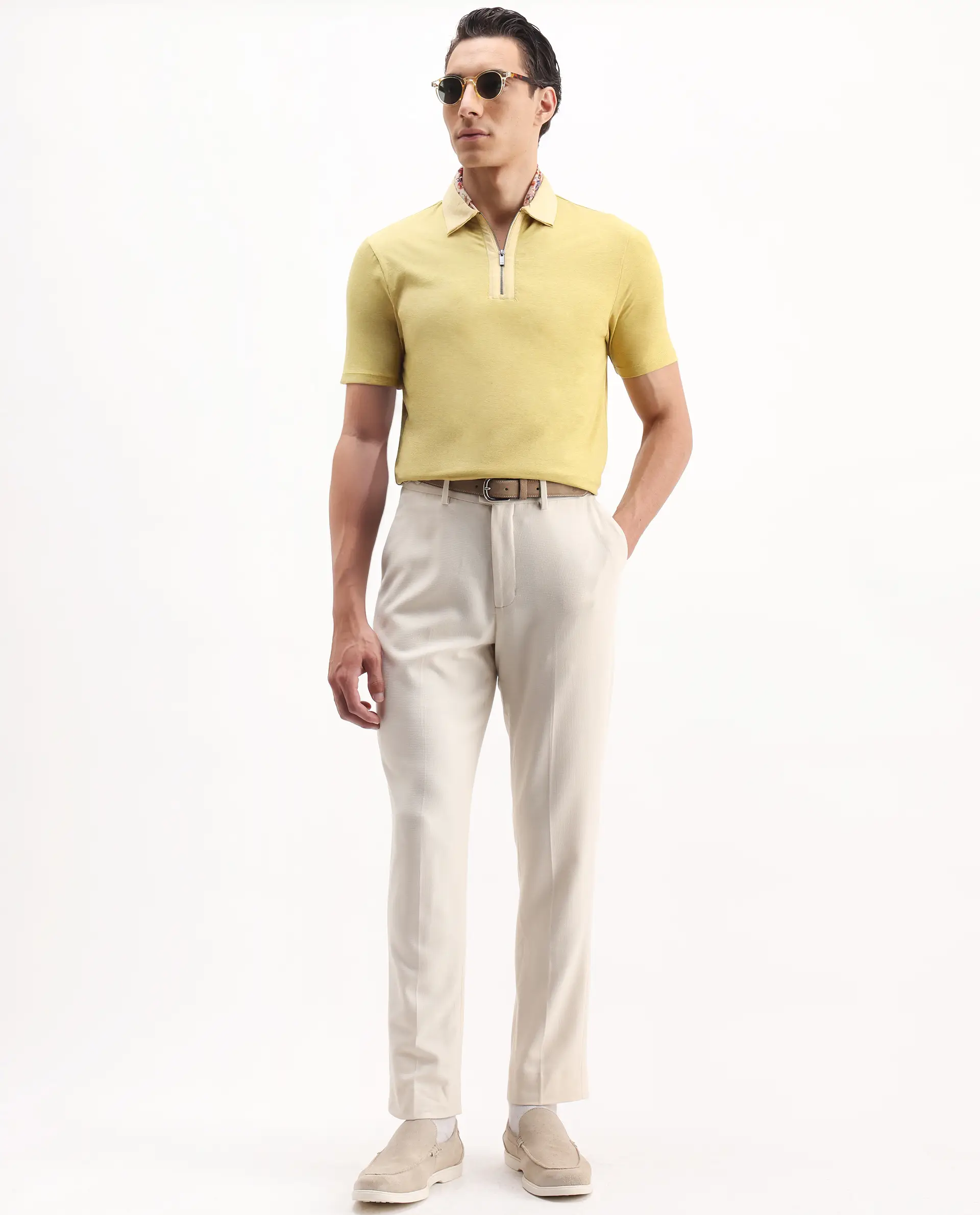 Rare Rabbit Men's Panel Yellow Cotton Plain Regular Fit Half Sleeve Polo - Image 2