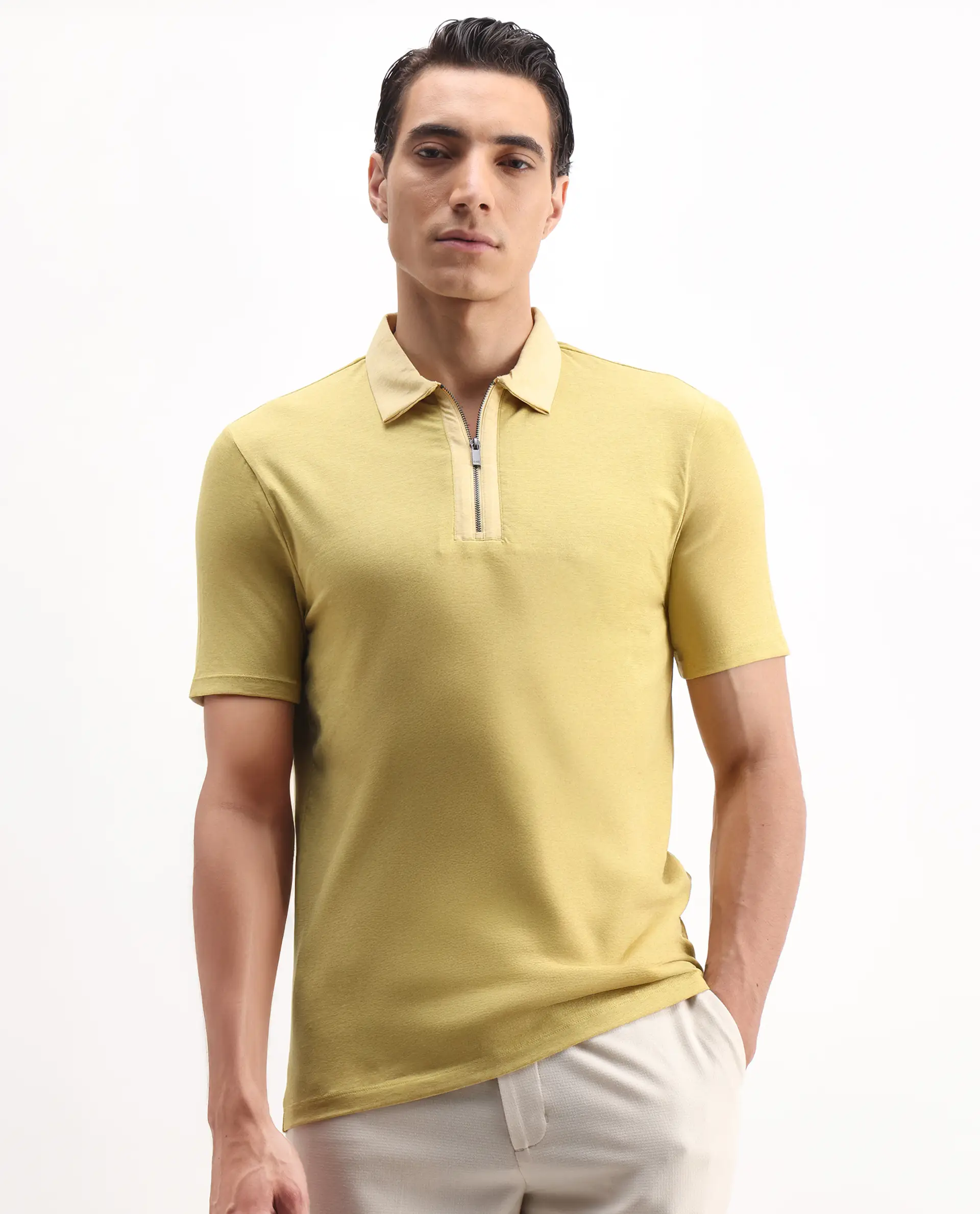 Rare Rabbit Men's Panel Yellow Cotton Plain Regular Fit Half Sleeve Polo - Image 3
