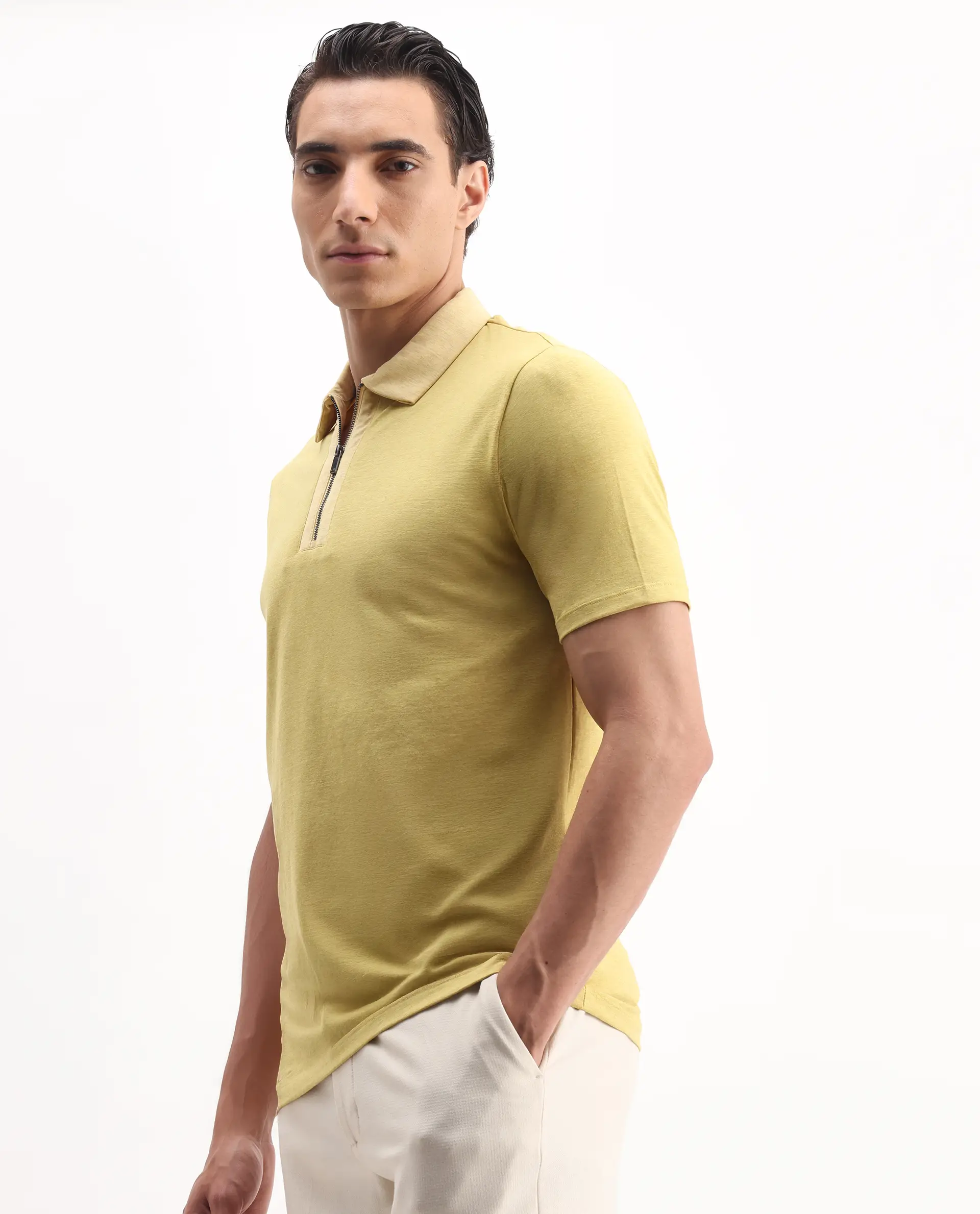 Rare Rabbit Men's Panel Yellow Cotton Plain Regular Fit Half Sleeve Polo - Image 4