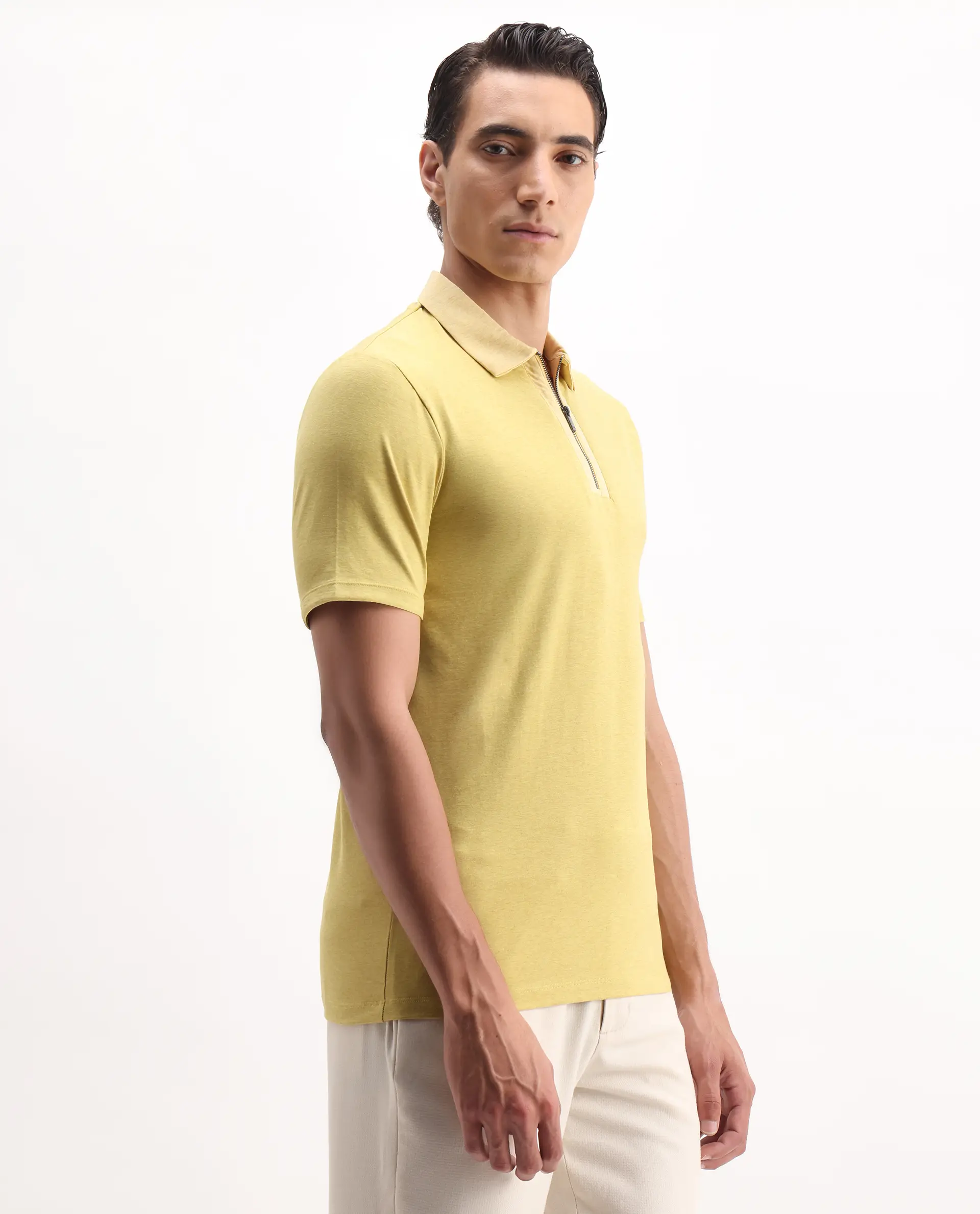 Rare Rabbit Men's Panel Yellow Cotton Plain Regular Fit Half Sleeve Polo - Image 5