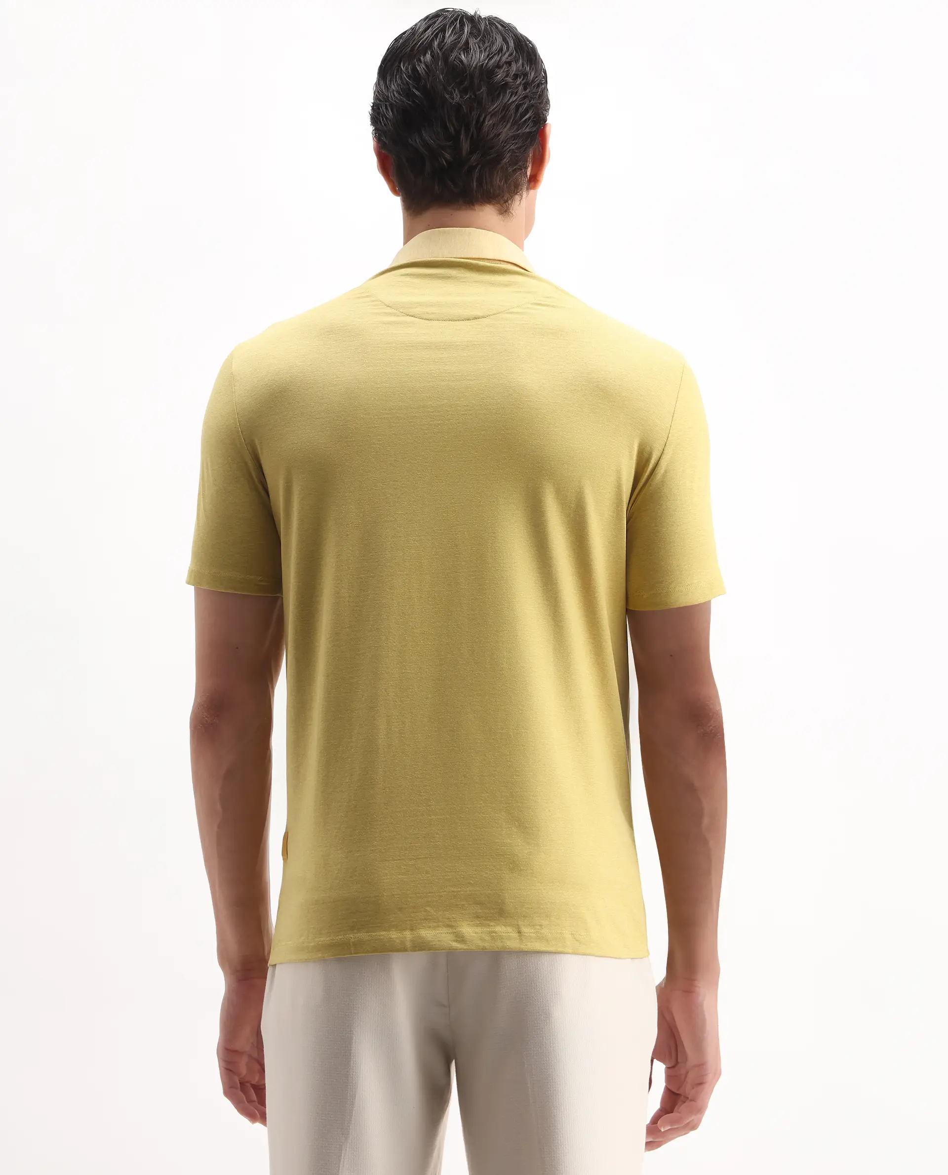 Rare Rabbit Men's Panel Yellow Cotton Plain Regular Fit Half Sleeve Polo - Image 6