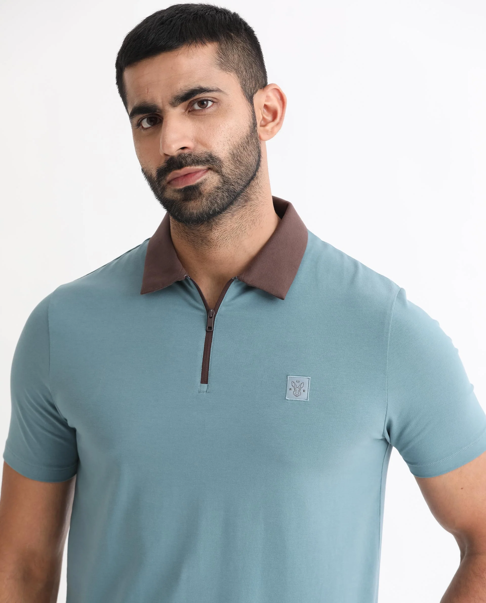 Rare Rabbit Men's Panet Dusky Blue Cotton Plain Regular Fit Half Sleeve Polo