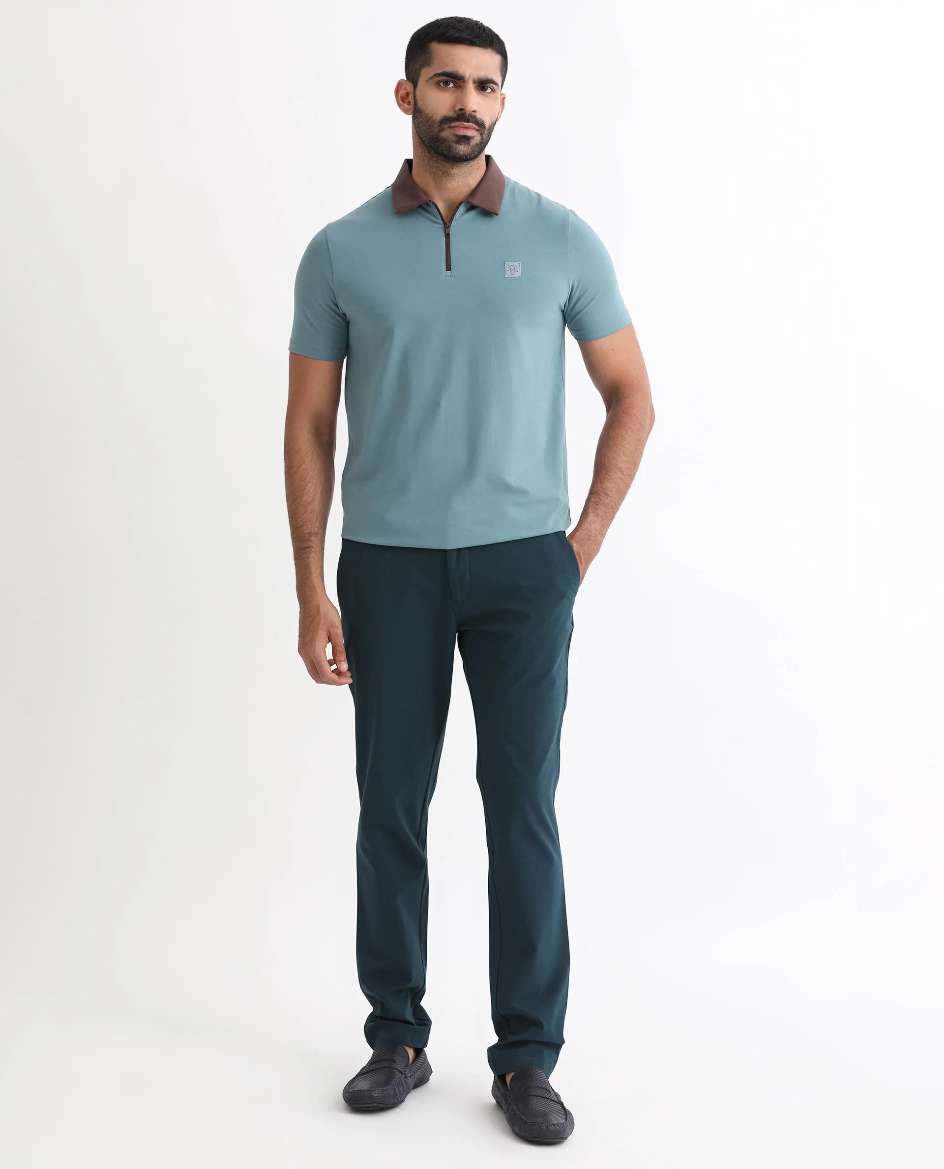 Rare Rabbit Men's Panet Dusky Blue Cotton Plain Regular Fit Half Sleeve Polo - Image 2
