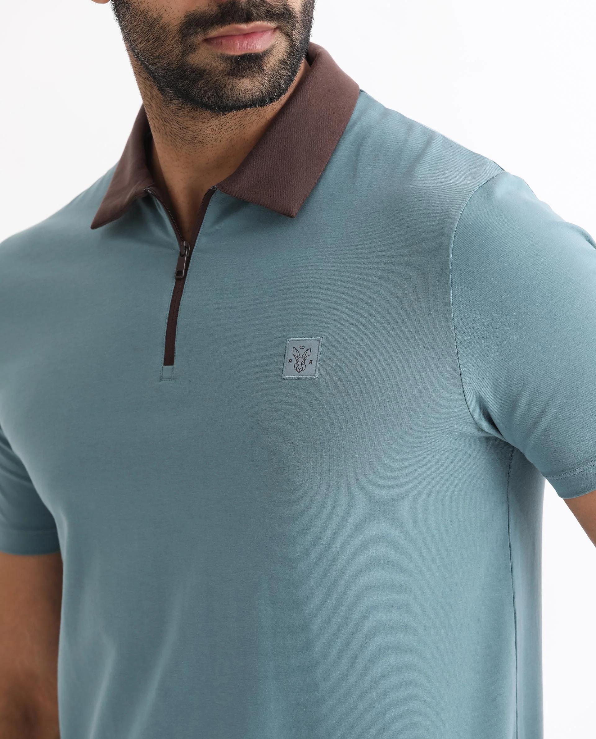 Rare Rabbit Men's Panet Dusky Blue Cotton Plain Regular Fit Half Sleeve Polo - Image 3