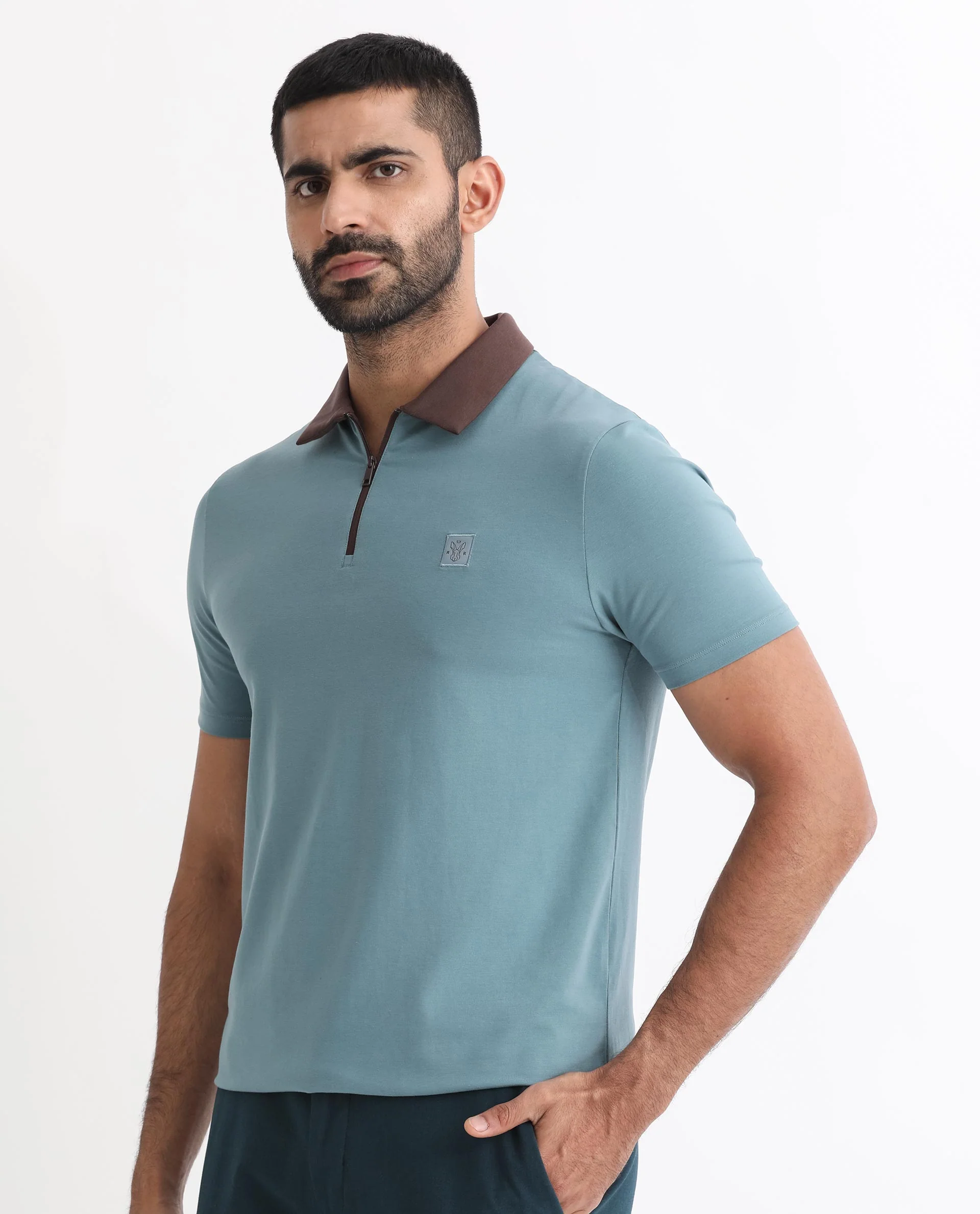 Rare Rabbit Men's Panet Dusky Blue Cotton Plain Regular Fit Half Sleeve Polo - Image 5