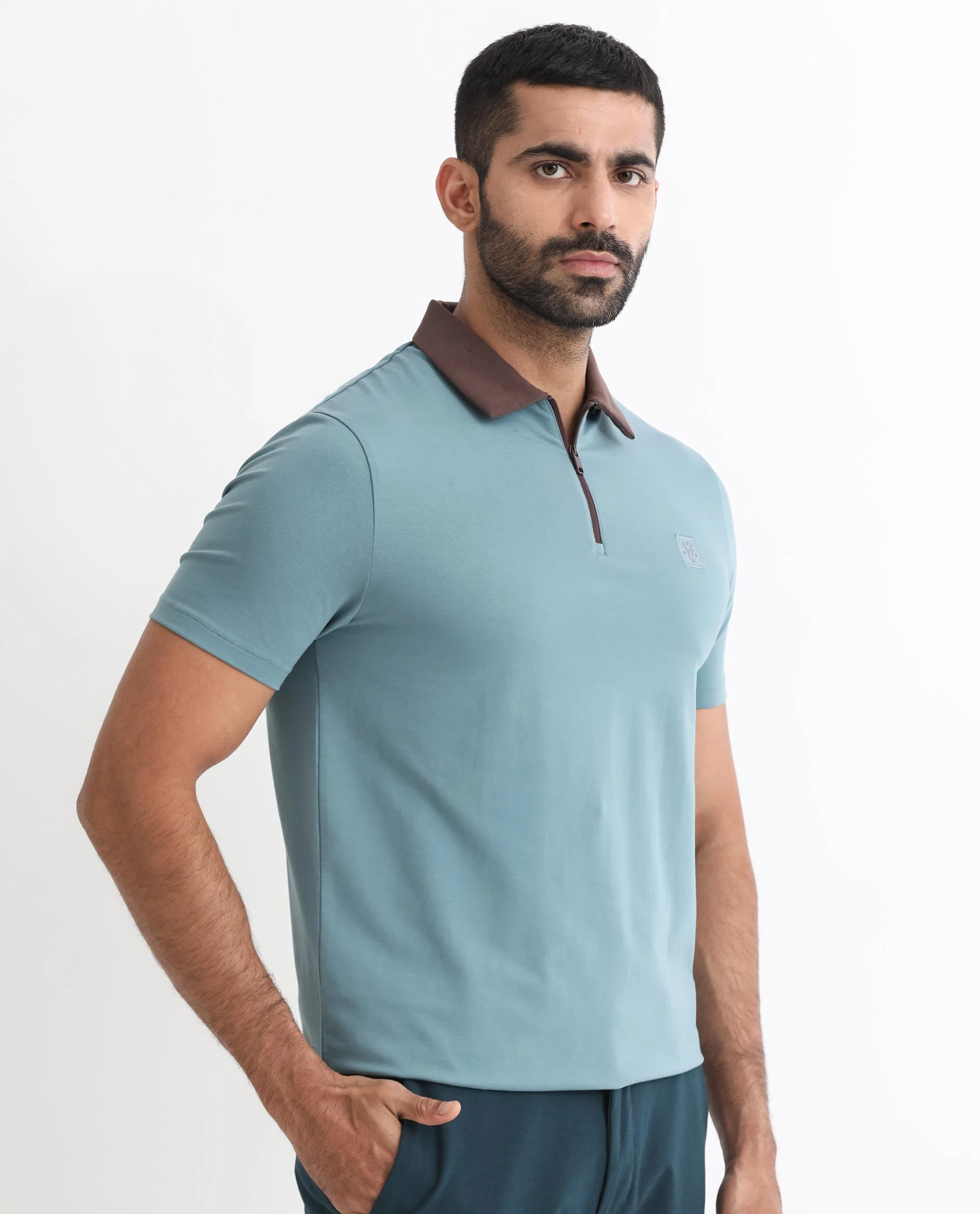 Rare Rabbit Men's Panet Dusky Blue Cotton Plain Regular Fit Half Sleeve Polo - Image 6