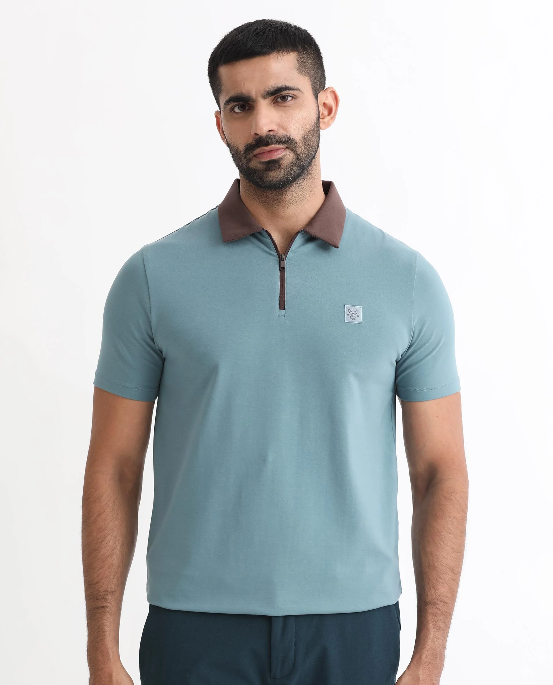 Rare Rabbit Men's Panet Dusky Blue Cotton Plain Regular Fit Half Sleeve Polo - Image 7