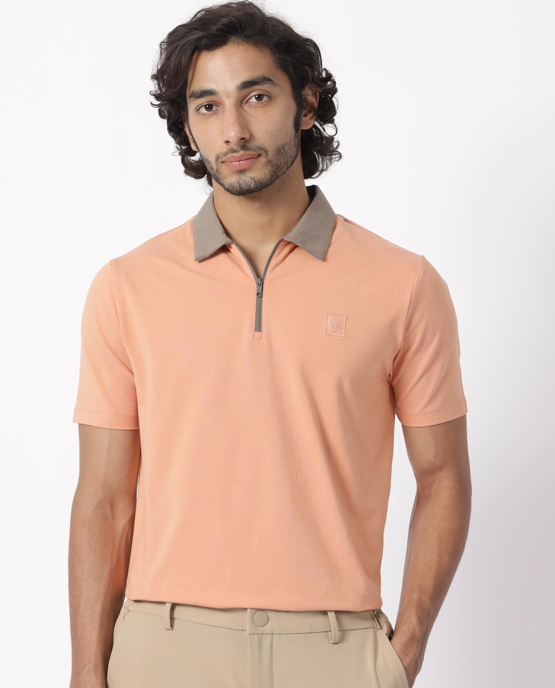 Rare Rabbit Men's Panet Orange Cotton Plain Regular Fit Half Sleeve Polo - Image 2