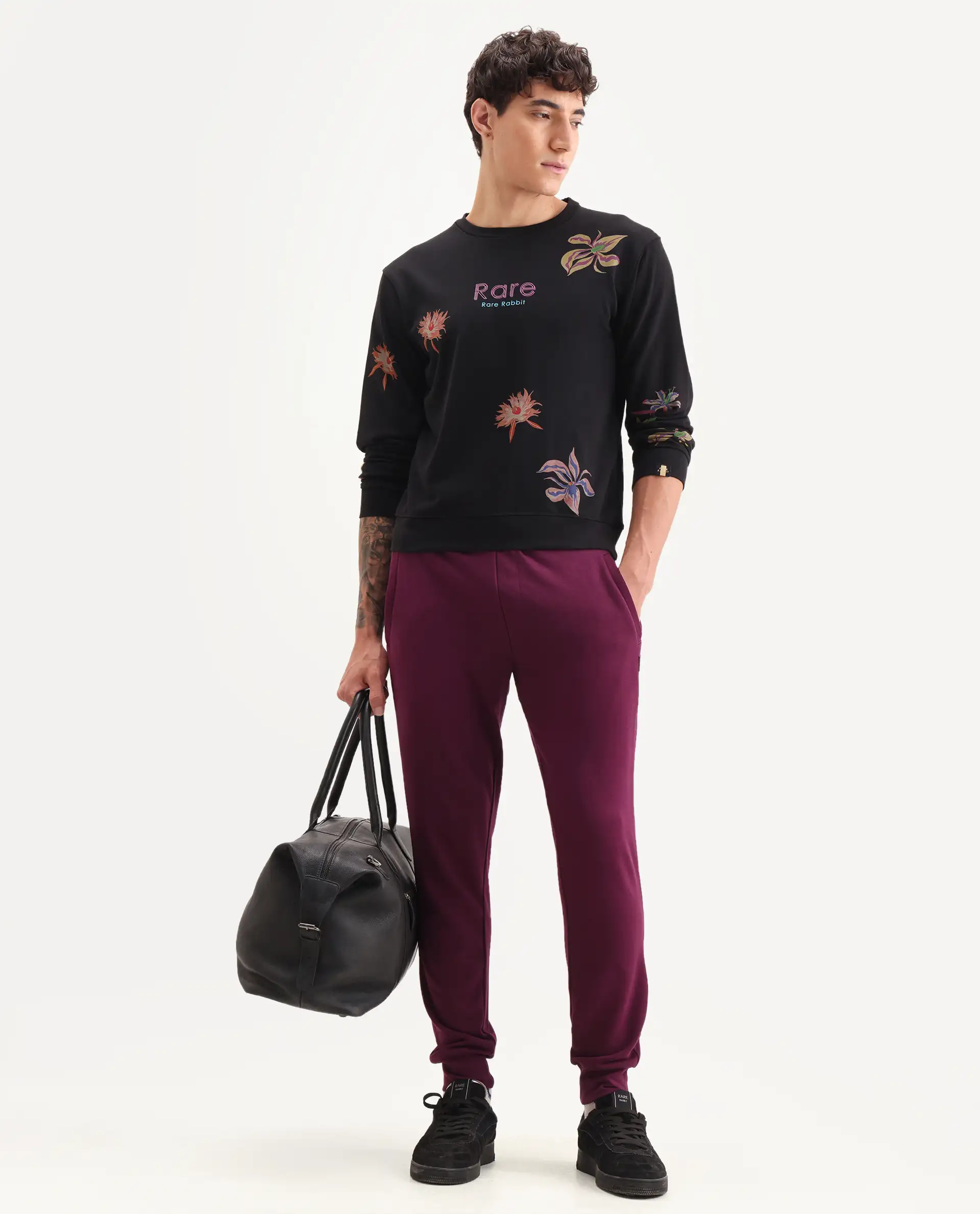 Rare Rabbit Men's Panton Black Cotton Floral Print Relaxed Fit Full Sleeve Crew Neck Sweatshirt - Image 2