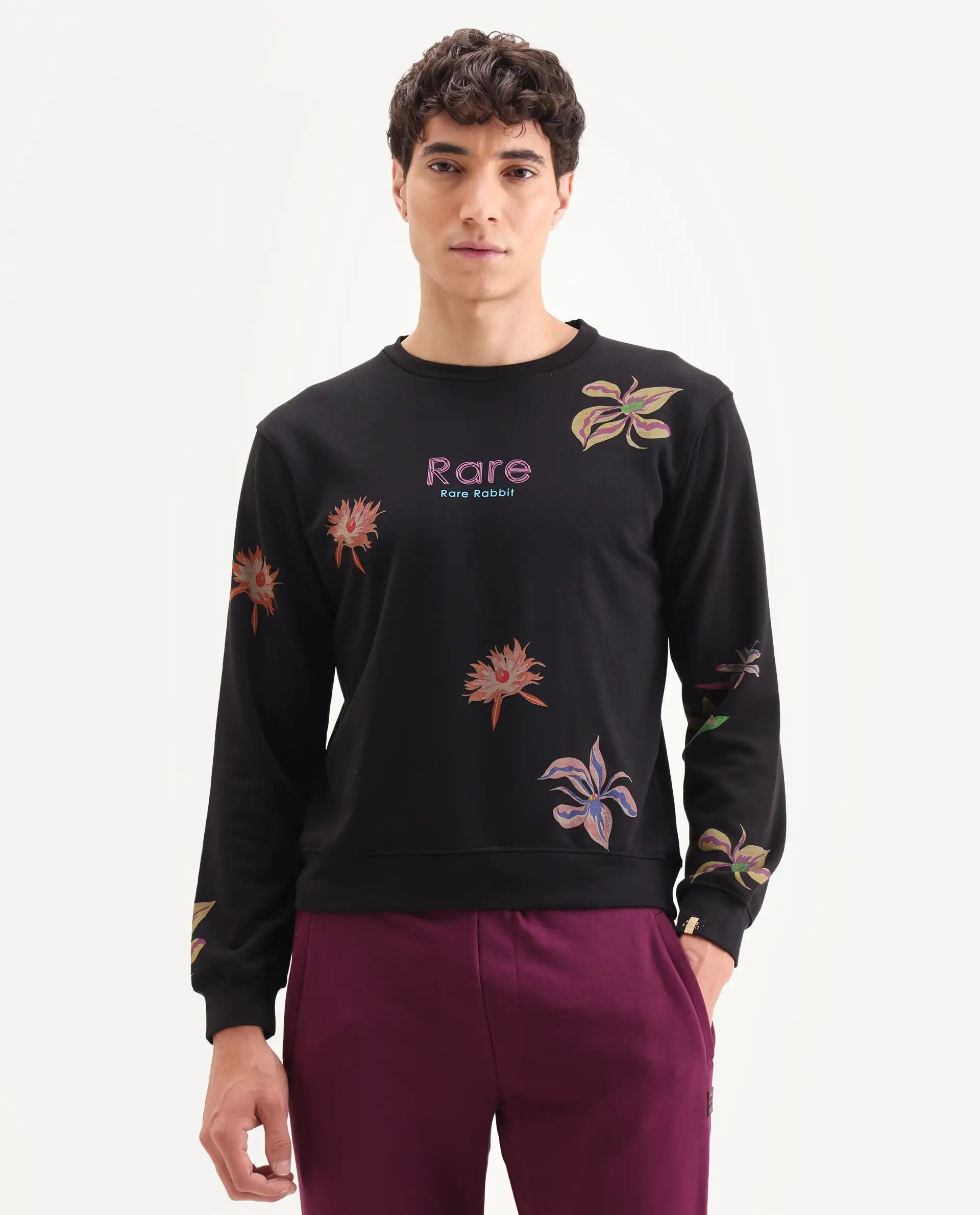 Rare Rabbit Men's Panton Black Cotton Floral Print Relaxed Fit Full Sleeve Crew Neck Sweatshirt - Image 3