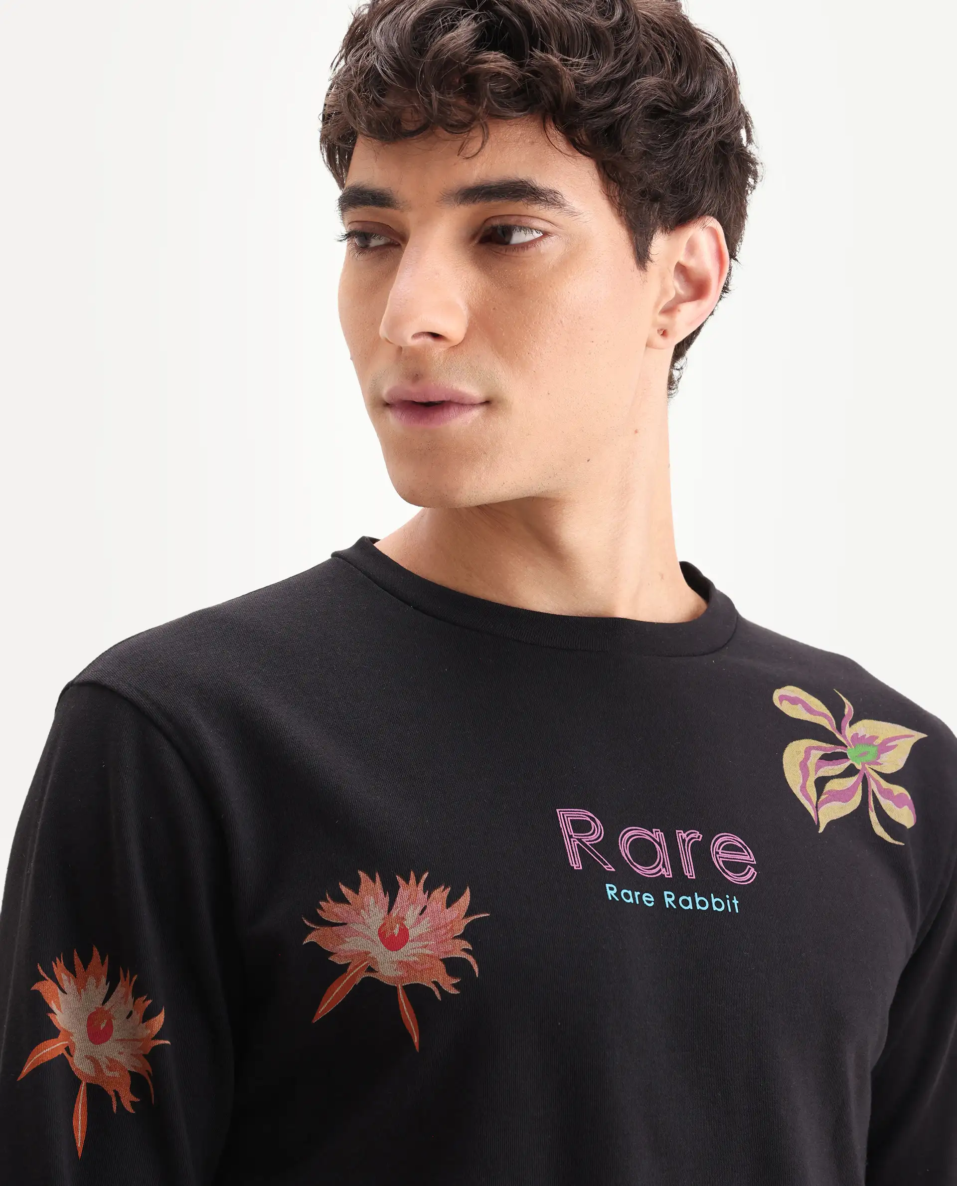 Rare Rabbit Men's Panton Black Cotton Floral Print Relaxed Fit Full Sleeve Crew Neck Sweatshirt - Image 4