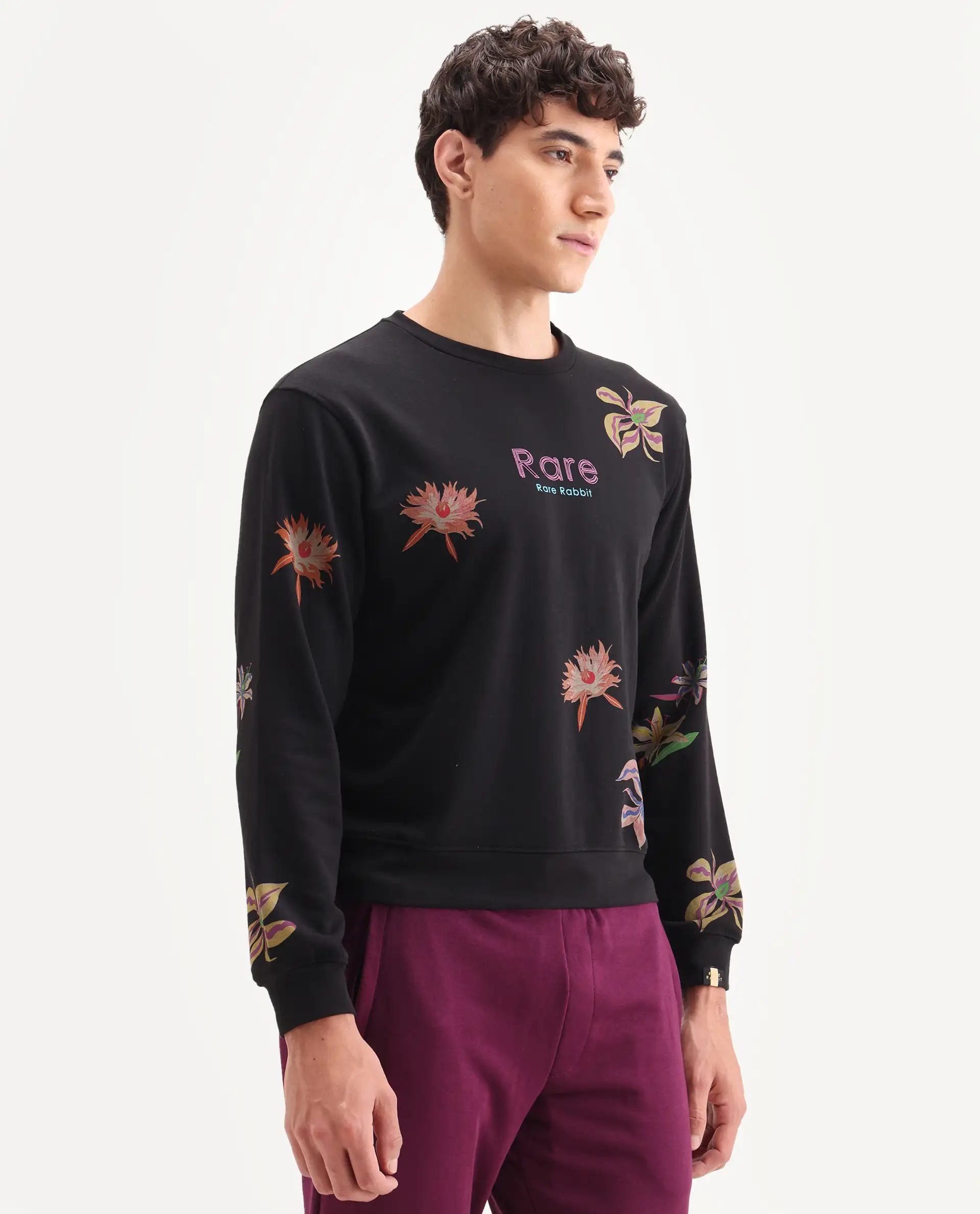 Rare Rabbit Men's Panton Black Cotton Floral Print Relaxed Fit Full Sleeve Crew Neck Sweatshirt - Image 5