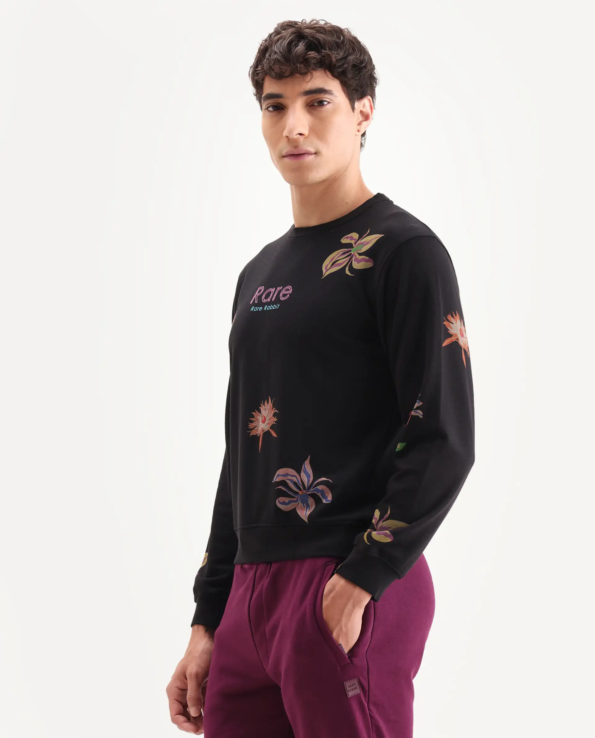 Rare Rabbit Men's Panton Black Cotton Floral Print Relaxed Fit Full Sleeve Crew Neck Sweatshirt - Image 6