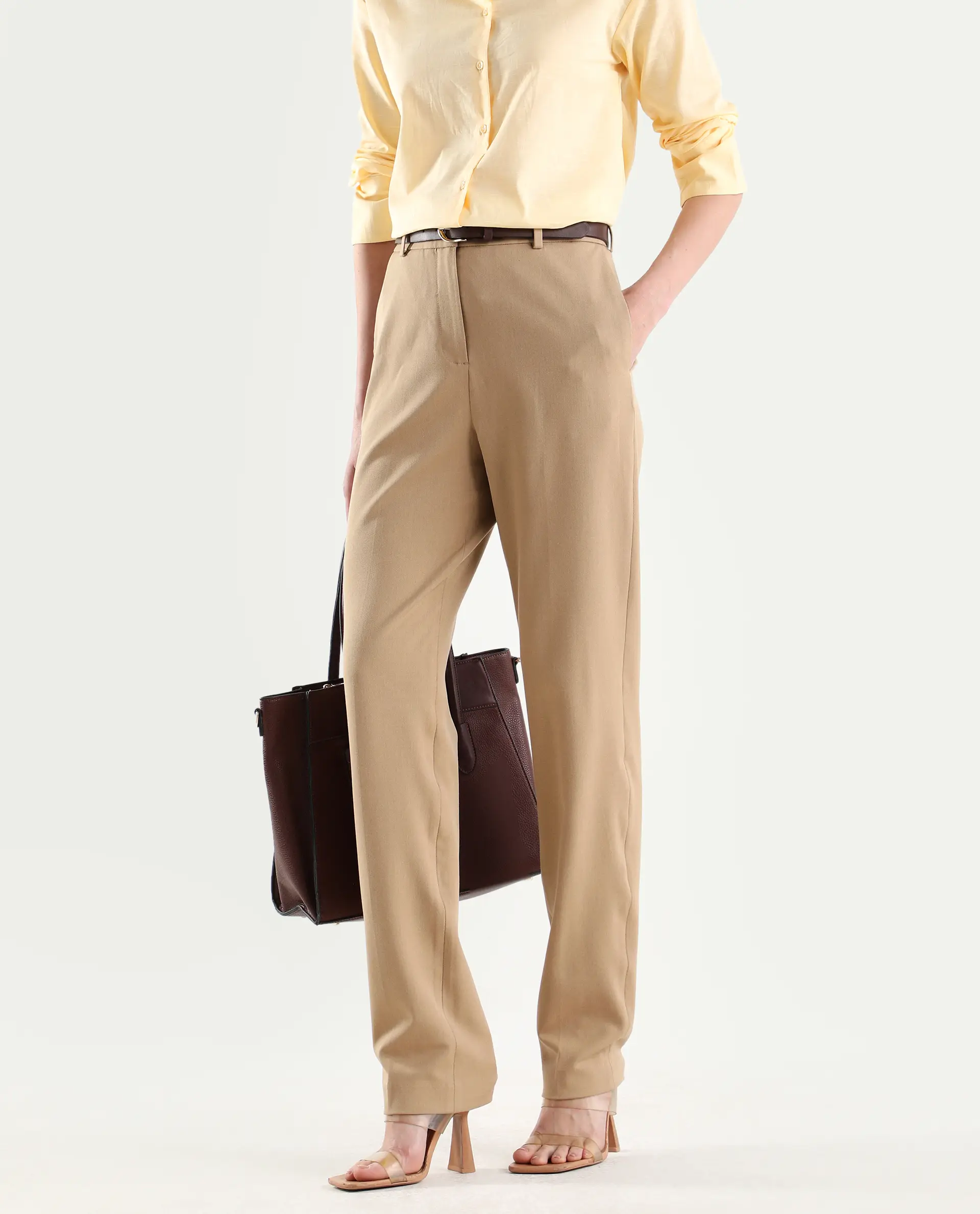Rareism Women's Paper Khaki Polyester Blend Tapered Plain Trouser - Image 2