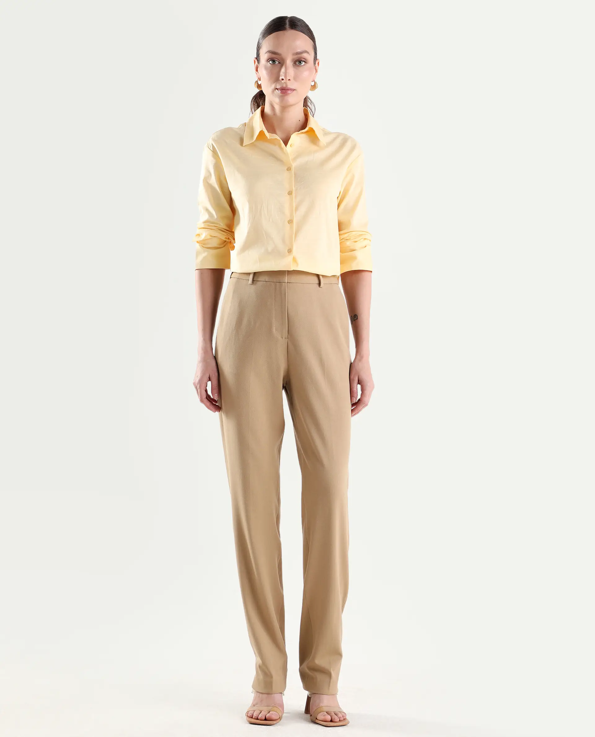 Rareism Women's Paper Khaki Polyester Blend Tapered Plain Trouser - Image 3