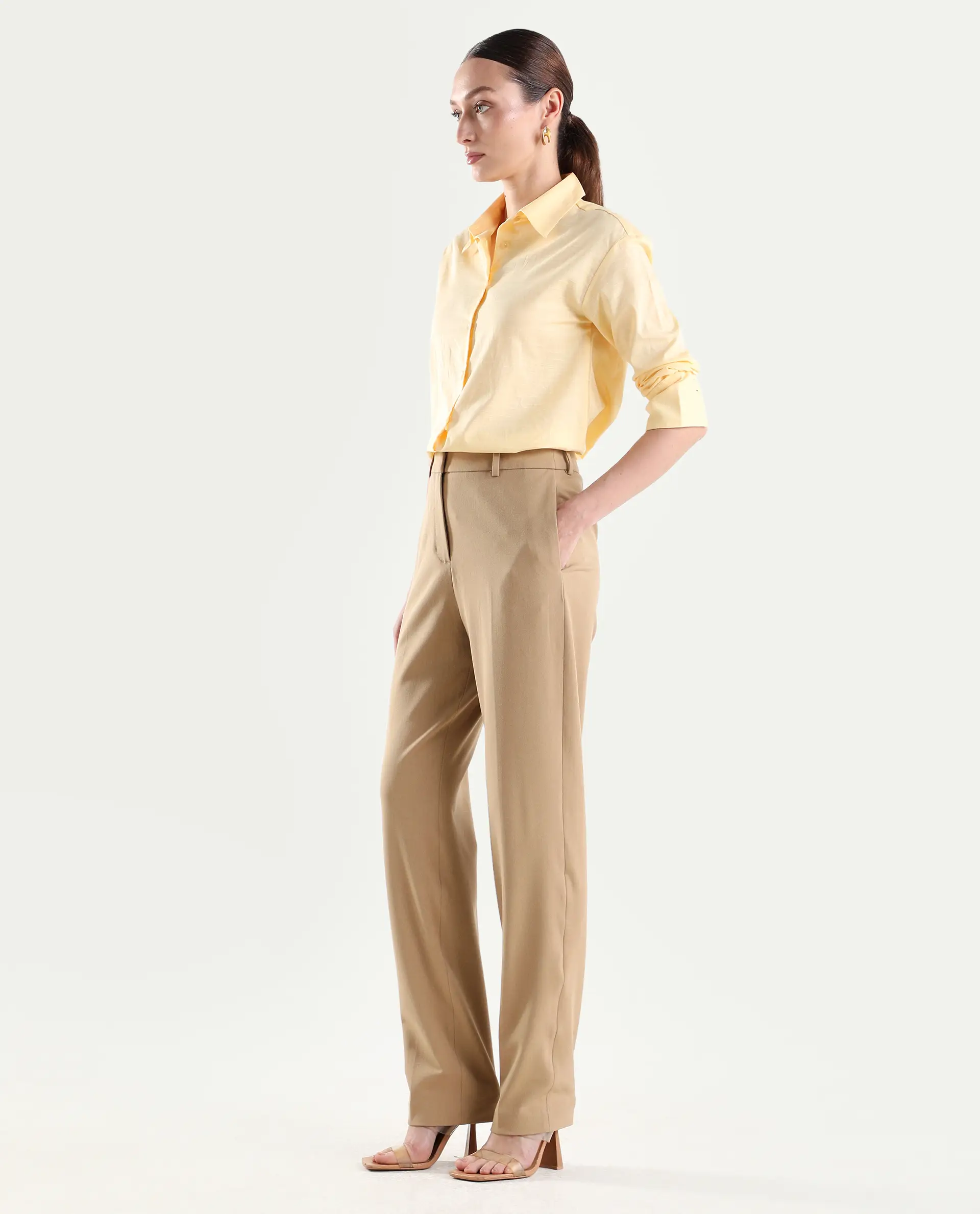 Rareism Women's Paper Khaki Polyester Blend Tapered Plain Trouser - Image 5