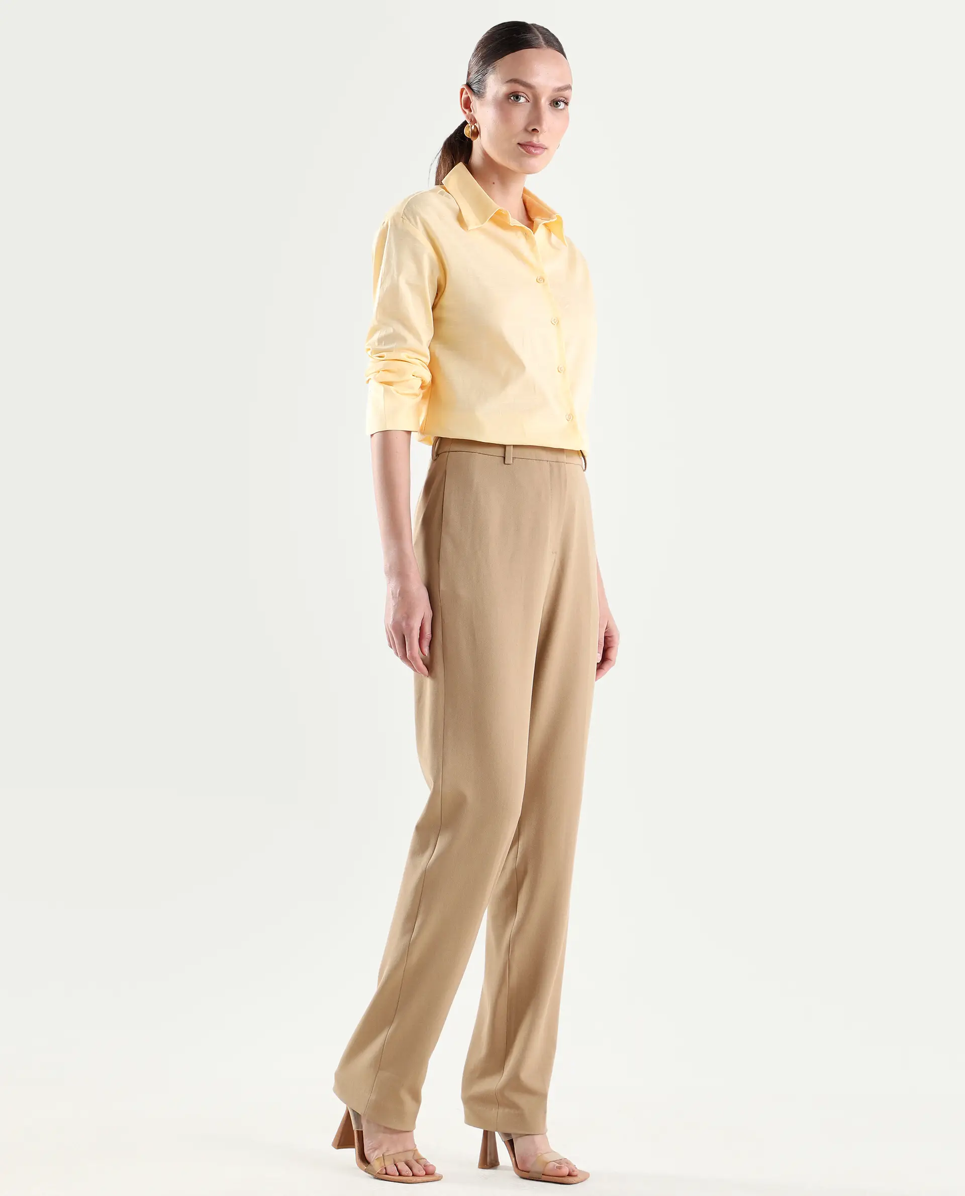 Rareism Women's Paper Khaki Polyester Blend Tapered Plain Trouser - Image 6